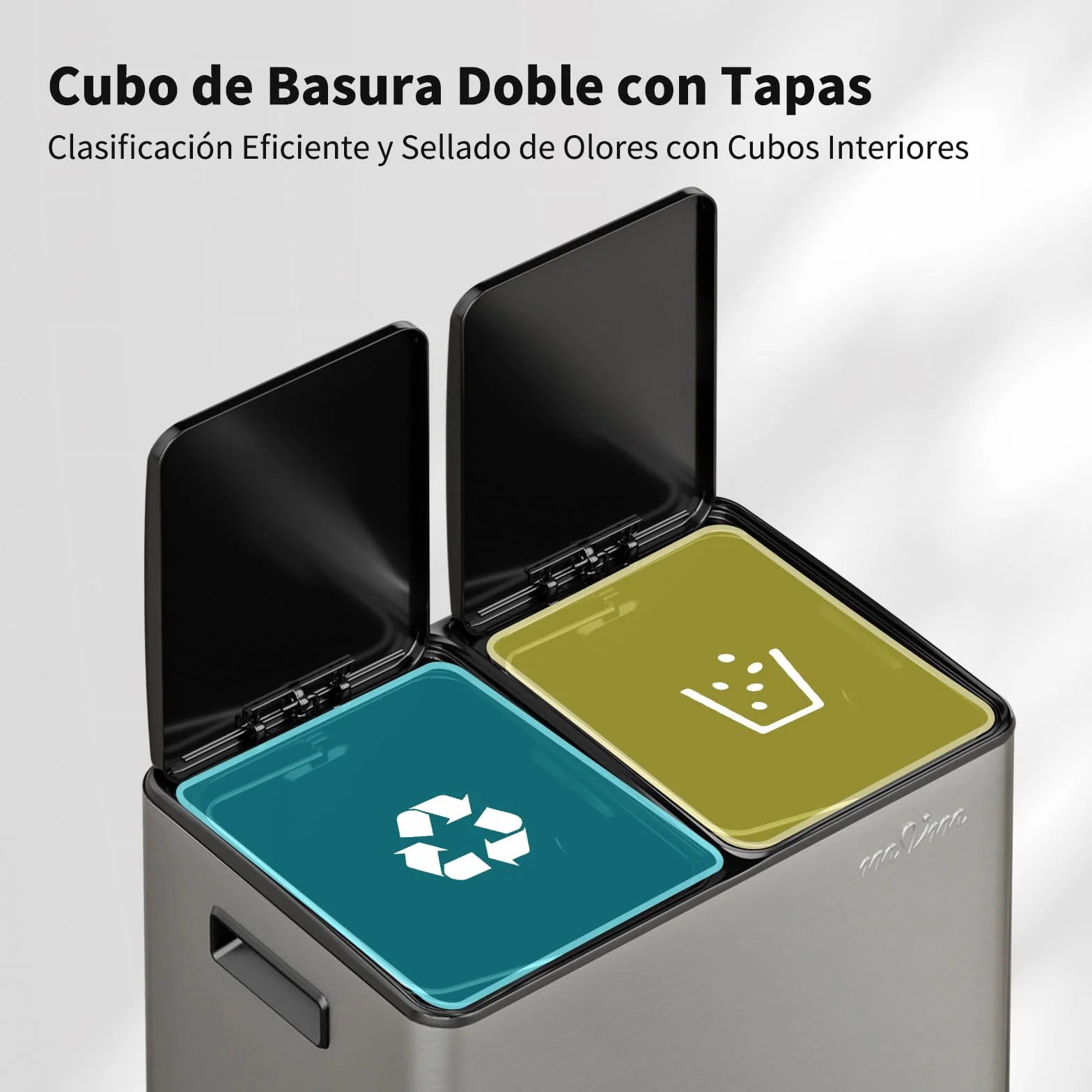 mVm Cubo de Basura para la Cocina, 2 Compartimentos 2 x 30L Cubo de Basura Cocina, Papelera Moderna y Robusta, Cierre Suave, para Cocina, Salón, Gris