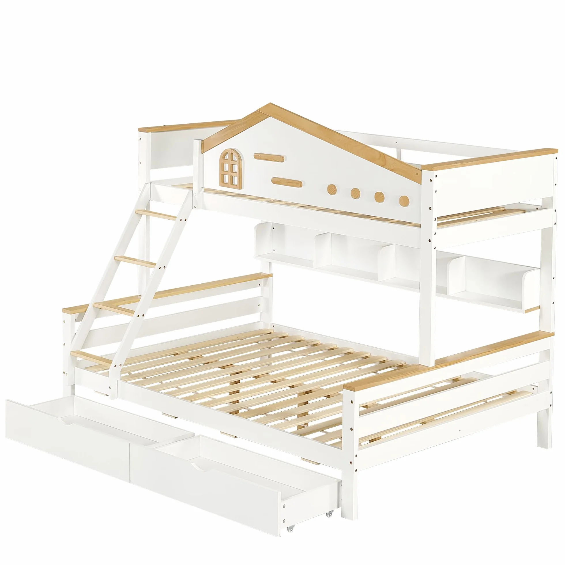 Lubvtti Litera Infantil con 2 cajones,Cama Infantil 90 x 200 cm y 140 x 200 cm,literas Juveniles con Estante Abierto,Estructura de Cama de Matrimonio de Madera Maciza, Blanco + Natural