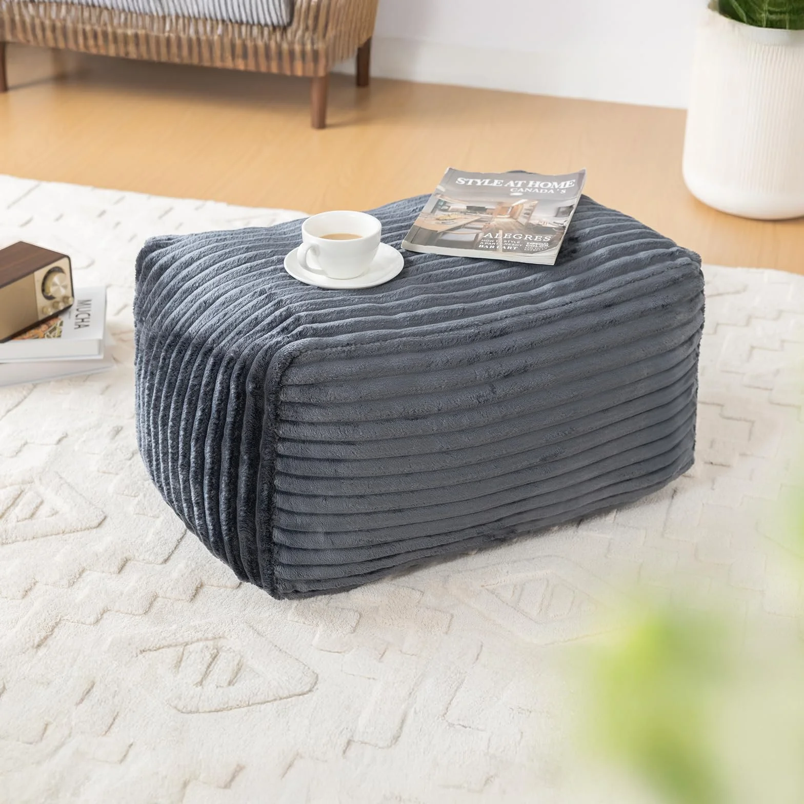 Vamcheer Puf para Adultos con Taburete, Mullido, Tejido De Franela Ultrasuave, Silla con Relleno De Esponja, XXL, Color Gris, Estable