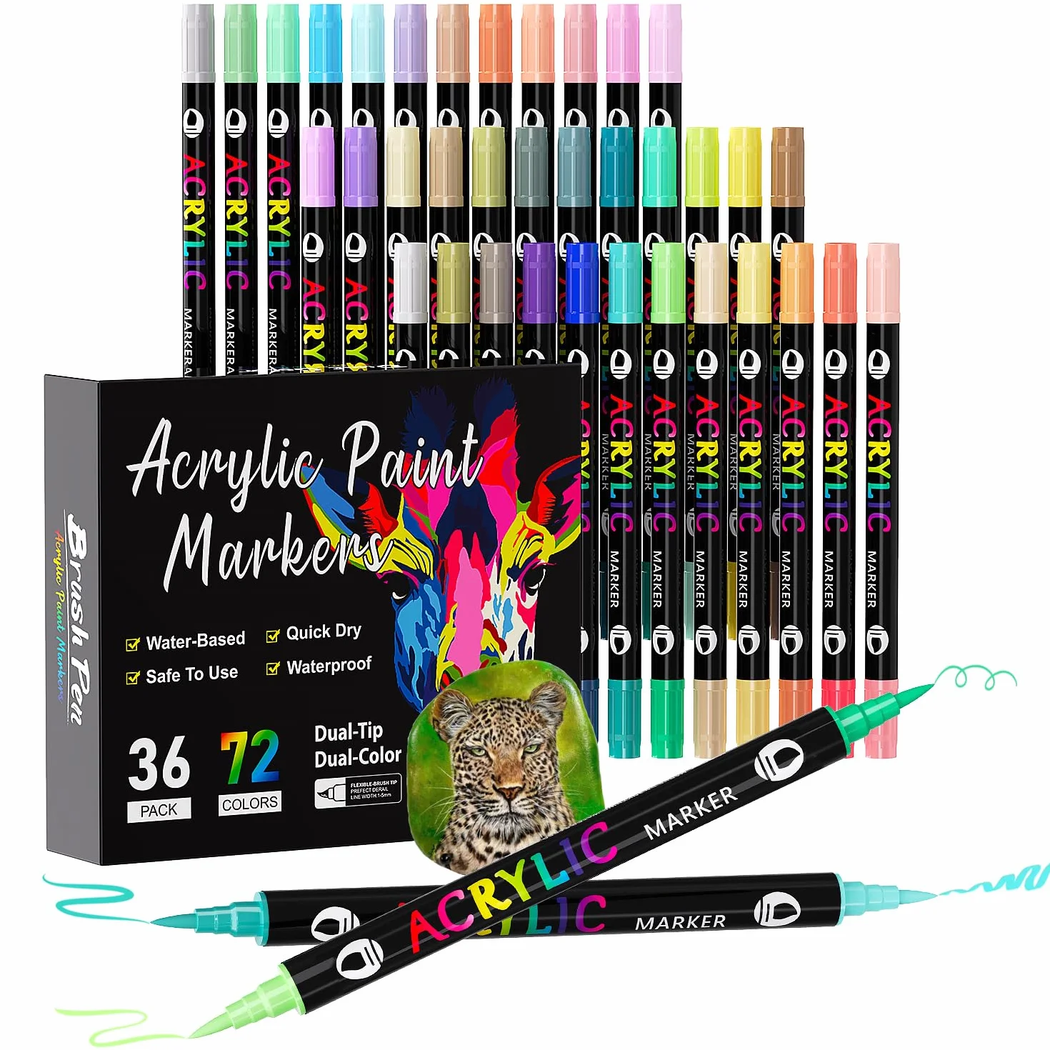 Rotuladores Acrílicos 72 Colores, Doble Punta con Fina y Pincel para Roca, Cristal, Cerámica, Plástico
