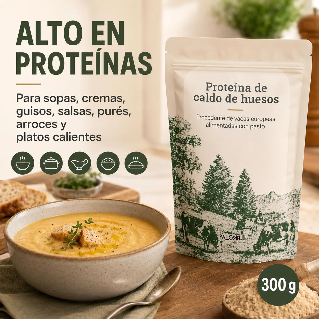 Paleobull Proteína de Caldo de Huesos 300 g, Bone Broth en Polvo de Bovino Alimentado con Pasto
