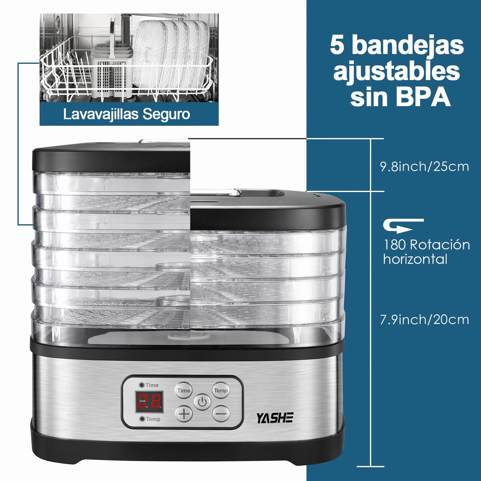 YASHE GGJ-261B Deshidratador de Alimentos, 240W, 5 Bandejas Ajustables, Control de Temperatura 35-70°C, Temporizador 72h, Sin BPA
