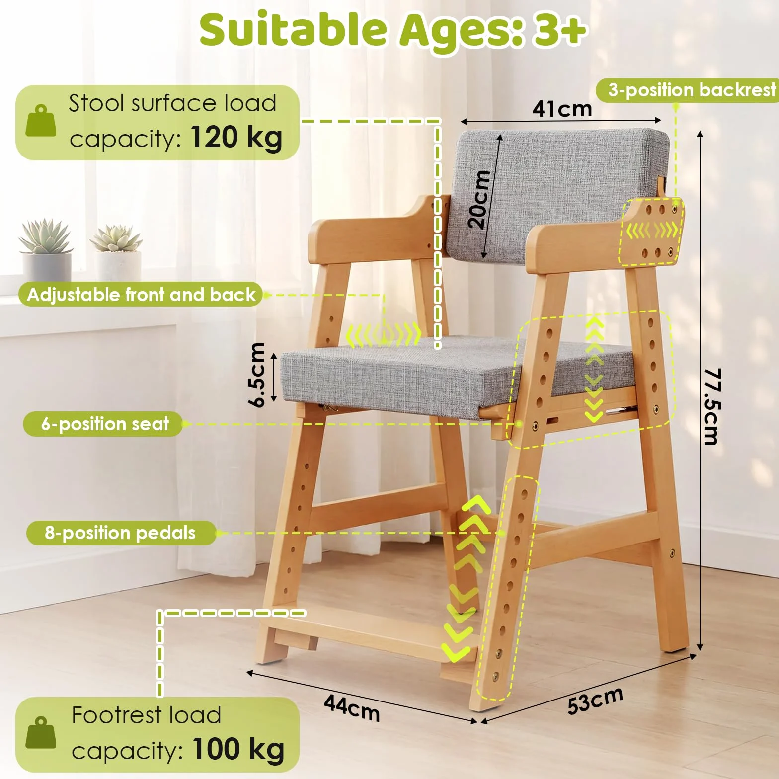 MAMIZO Silla para Niños Madera de Haya, Apta para Niños a Partir de 3 Años, con Altura Regulable y Cojín Cómodo, Silla de Comedor con Soporte hasta 120 kg, para Estudiar y Comer, Color Madera Natural