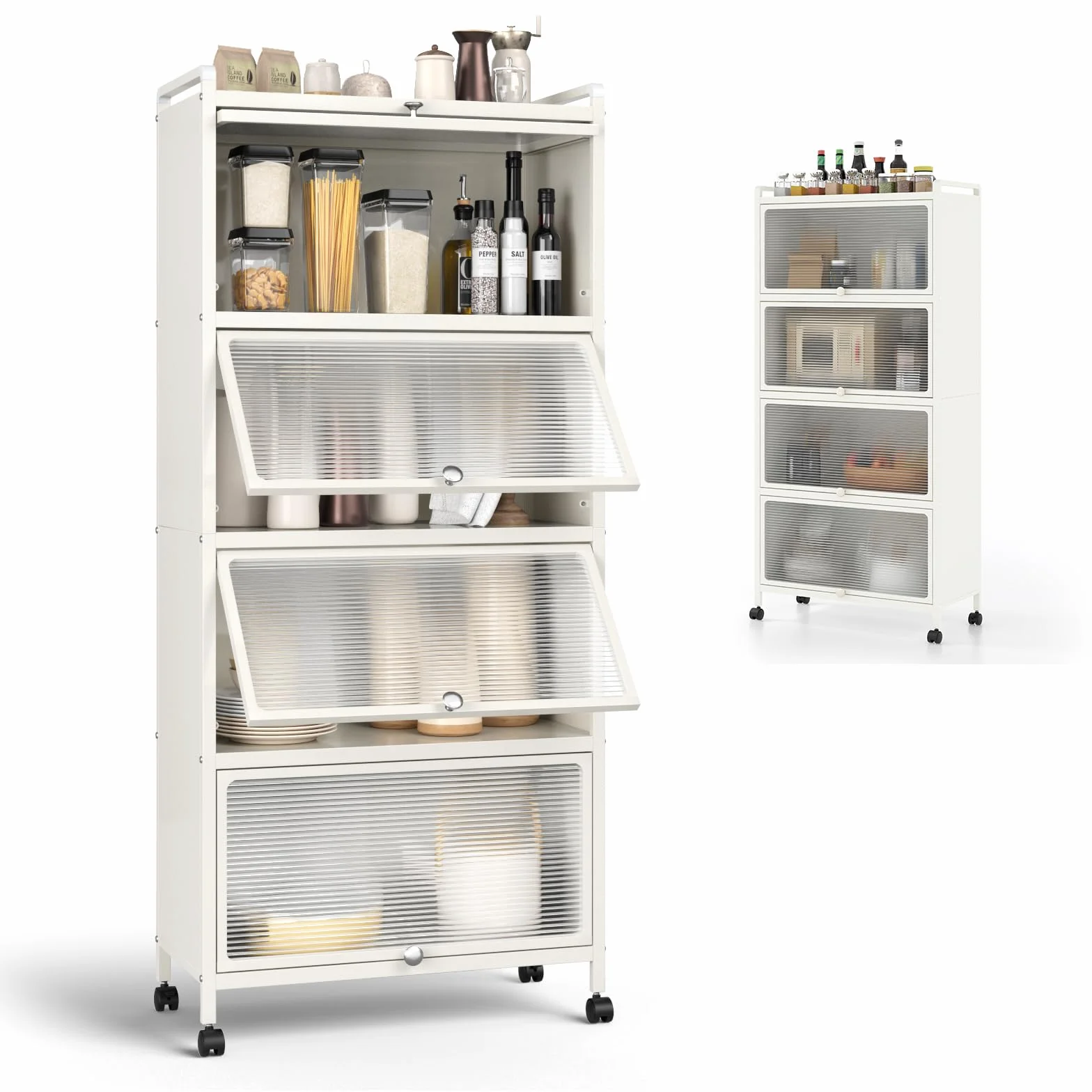 KOMFOTTEU Estantería de Cocina de 5 Niveles, Armario con 4 Ruedas y Puertas Transparentes, Mueble de Almacenamiento de Metal con Dispositivo Antivuelco para Comedor, 60 x 32 x 154 cm (Blanco)