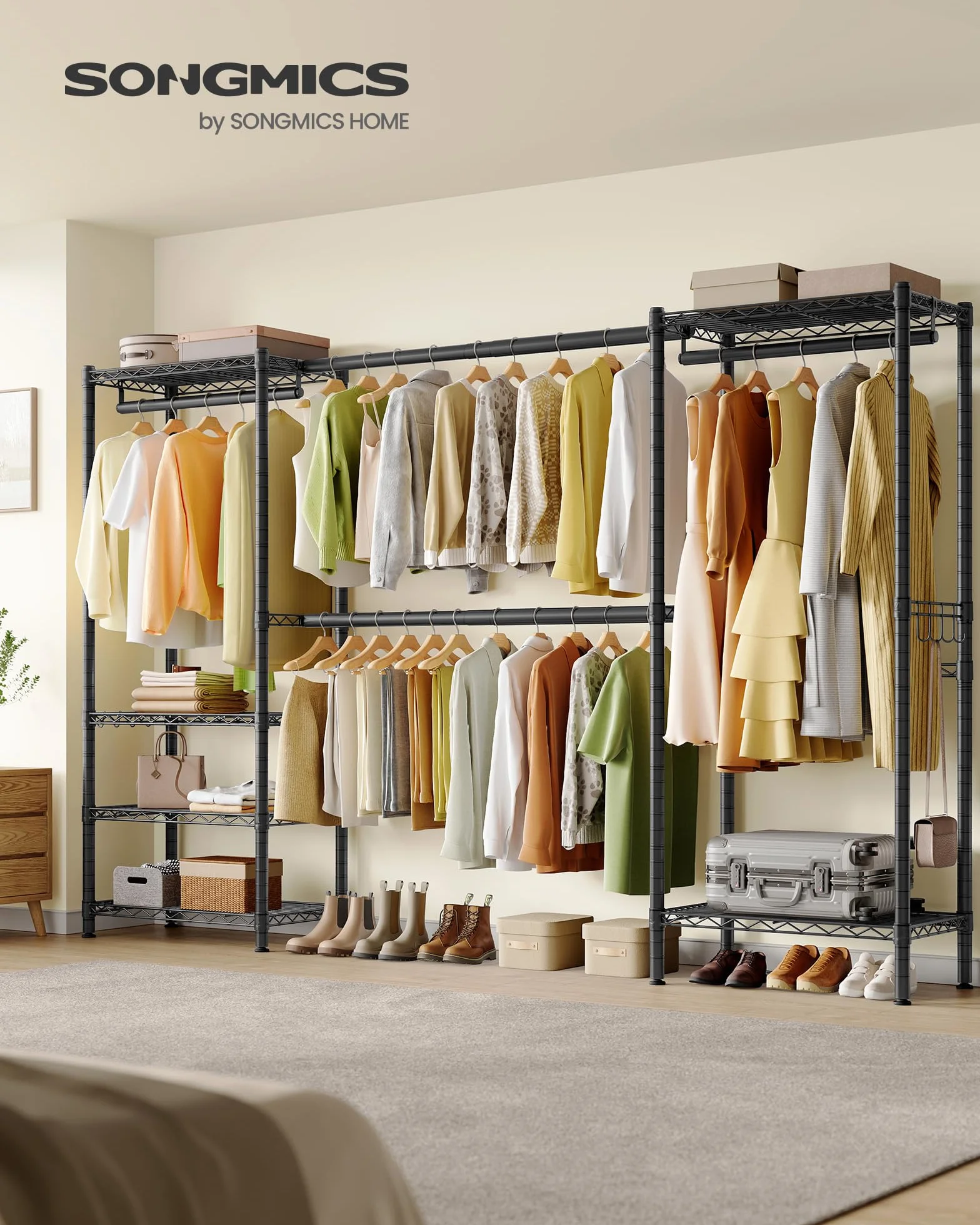 SONGMICS Burro para Ropa, Armario Portátil con Baldas de Rejilla Ajusables y Barras de Colgar Extensibles, Ganchos, 40 x (177-220) x 193 cm, Negro Tinta LGR438BH01
