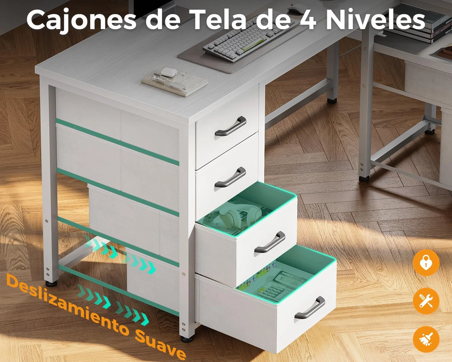 Coleshome Escritorio Esquinero con Cajones de Tela, 140x80cm Reversible Escritorio en L con Cajón para Archivos, Mesa Escritorio para con Puerto de Carga USB y Toma de Corriente, Blanco