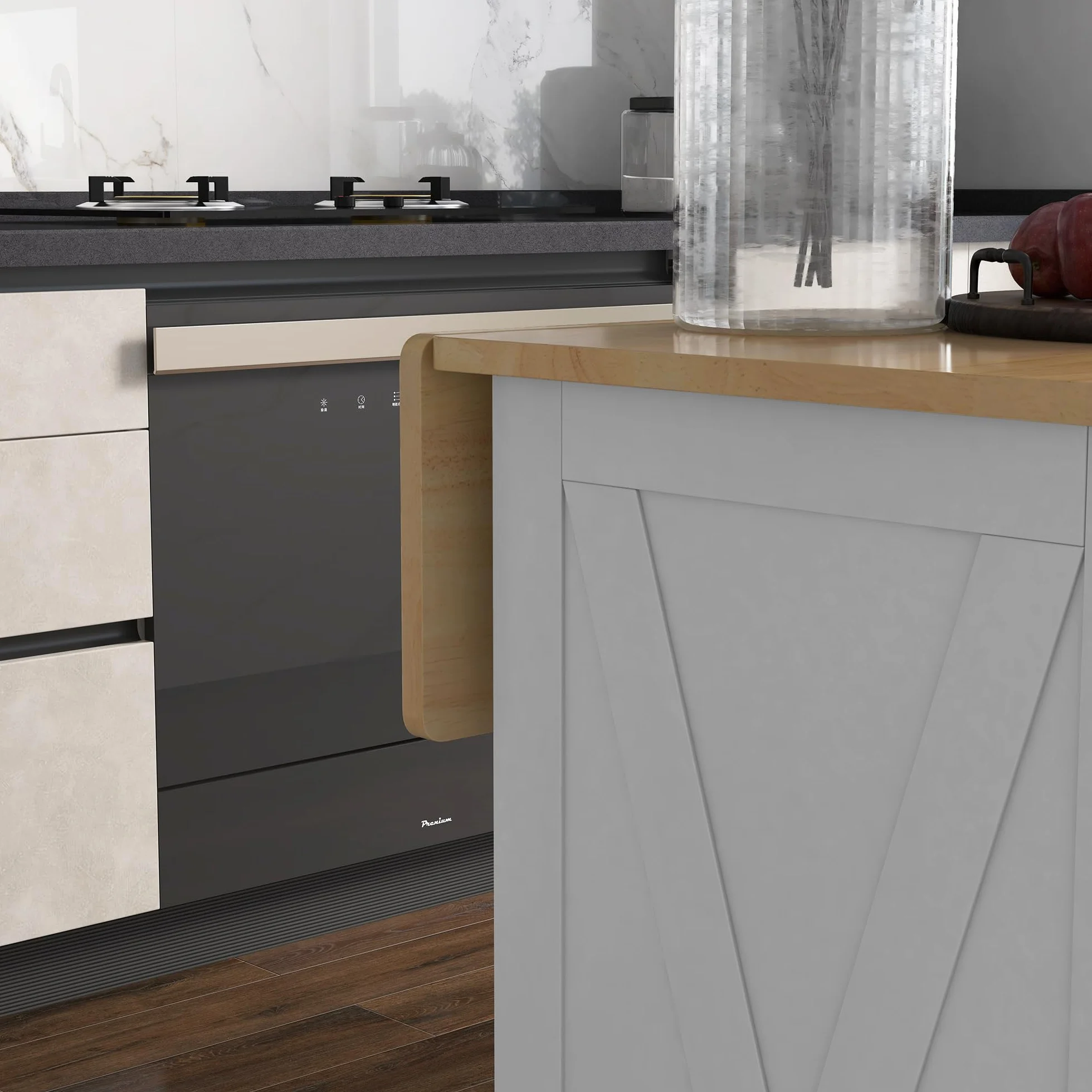 HOMCOM Isla de Cocina Carro de Cocina con Encimera de Madera Plegable 2 Puertas 2 Cajones Estante Ajustable y 4 Ruedas 105x60x90,5 cm Blanco