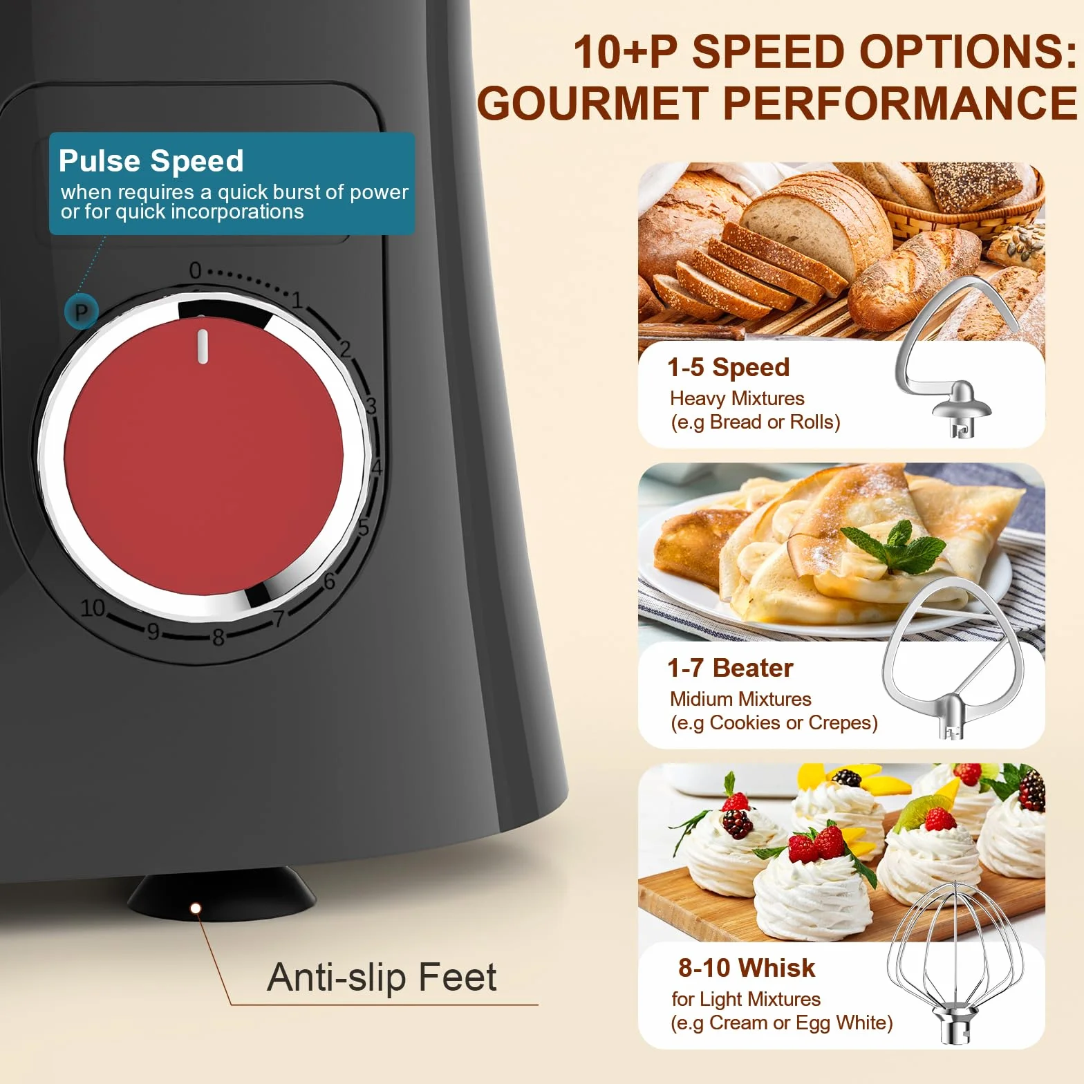 Batidora Amasadora Reposteria 1500 W, Facelle 5,5L & 4,5L Amasadora de Pan Multifunción, 10+P Robot de Cocina Amasador con Batidor, Batidor Plano, Gancho Para Masa y Protector Contra Salpicaduras