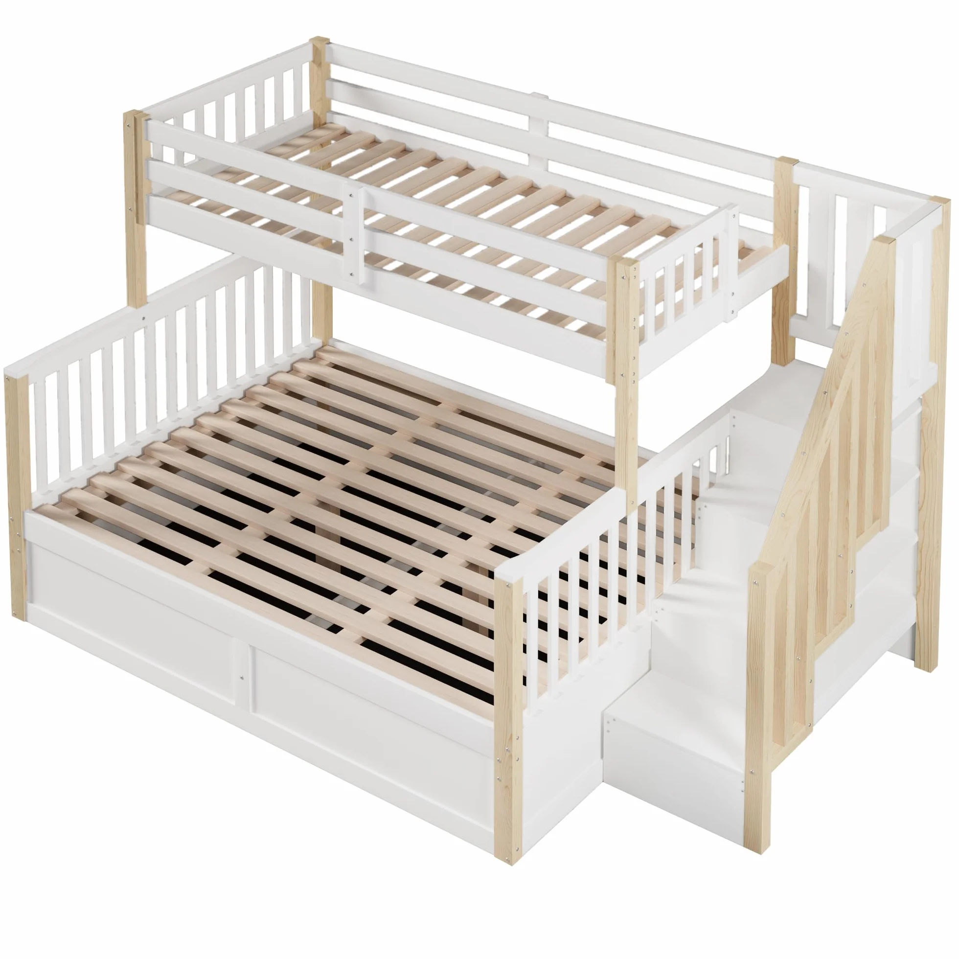 Litera 90(140) x200 cm con Almacenamiento Hidráulico y Escalera Almacenaje, Cama Litera Matrimonio para 2 Personas, Cama Infantil con Barandilla Anticaída y Lamas, Sin Colchón, Blanco+Natural