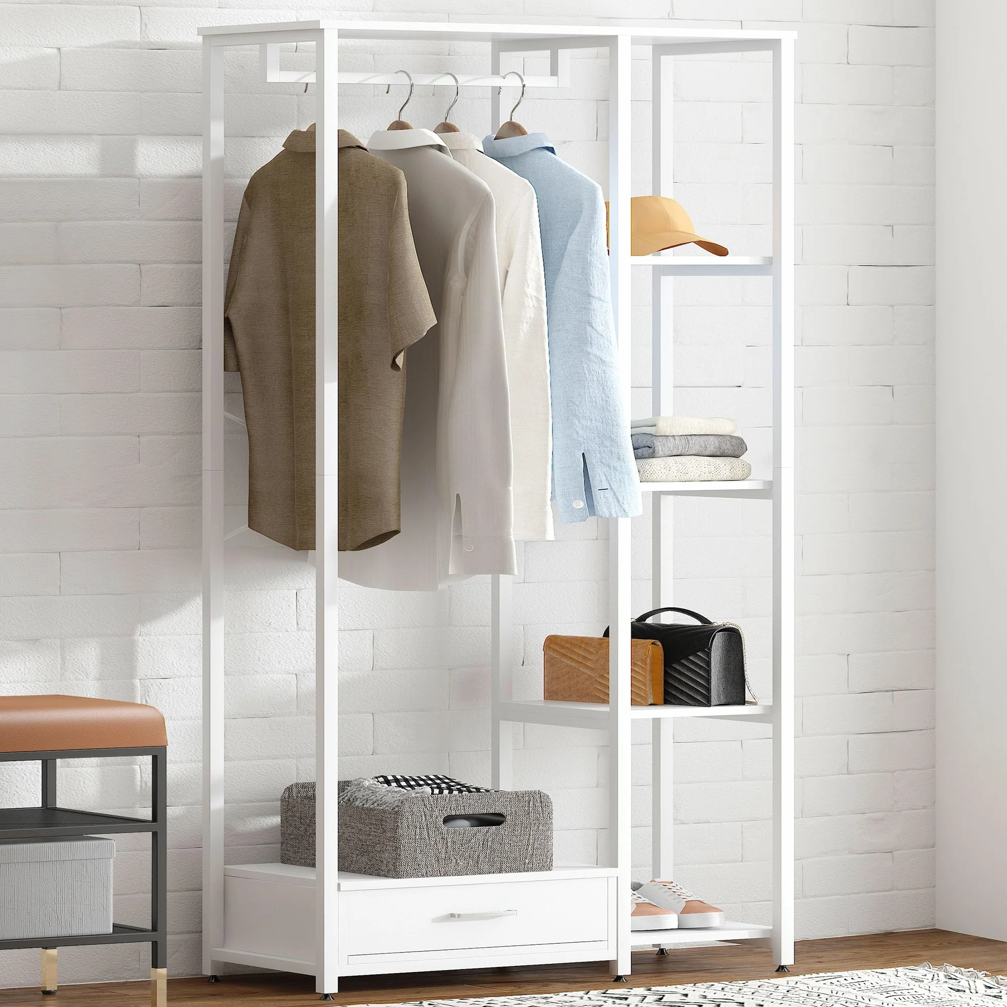 SogesHome Perchero de pie con estantes de almacenamiento y cajón, 3 en 1, de madera, con 4 niveles para dormitorio