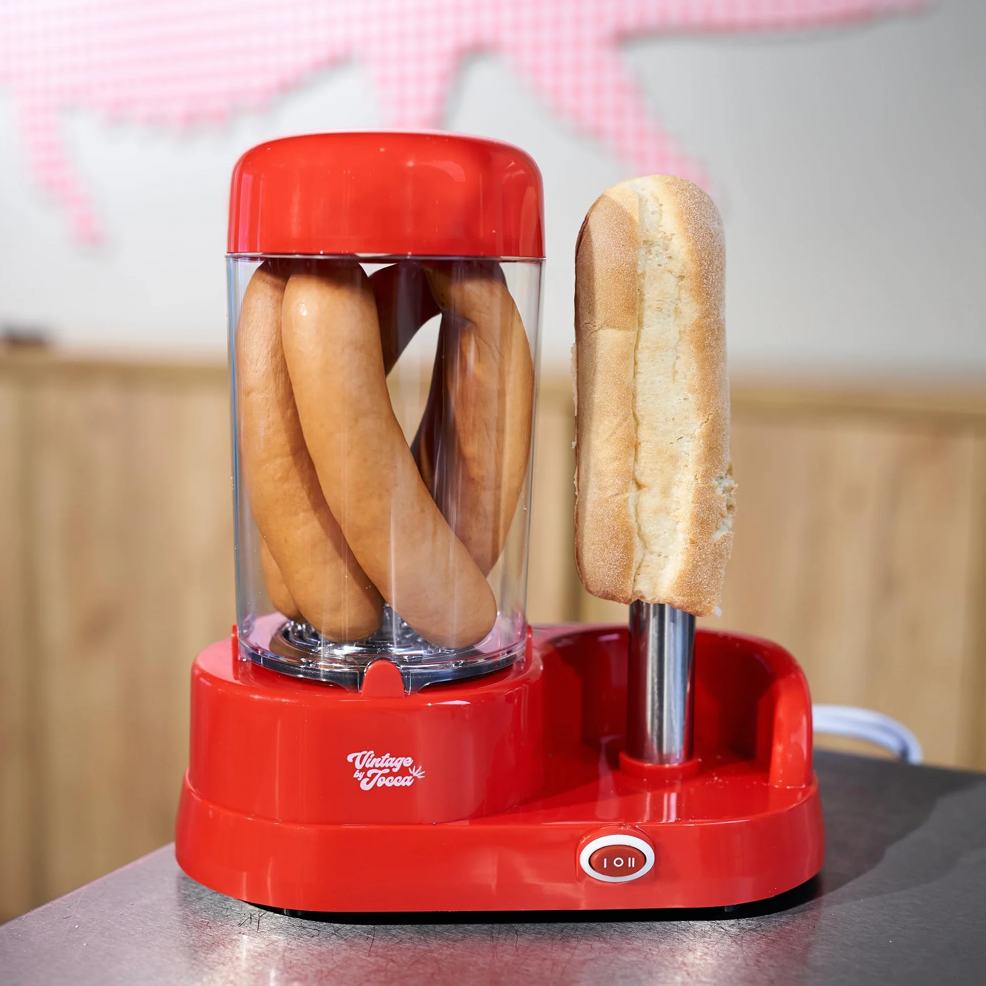 Jocca - Máquina de Perritos Calientes con Display, 350W, Capacidad 6 Salchichas, Barra de Acero Inoxidable, Rojo