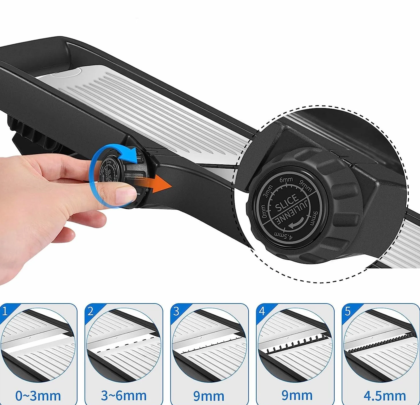 Mandolina de Cocina Profesional Cortador de Verdura - Mandolina Verduras con Guantes de Seguridad, Ajustable en Acero Inoxidable, Hacer Rodajas Gruesas de 1 a 9 mm, Cortador de Verduras Manual