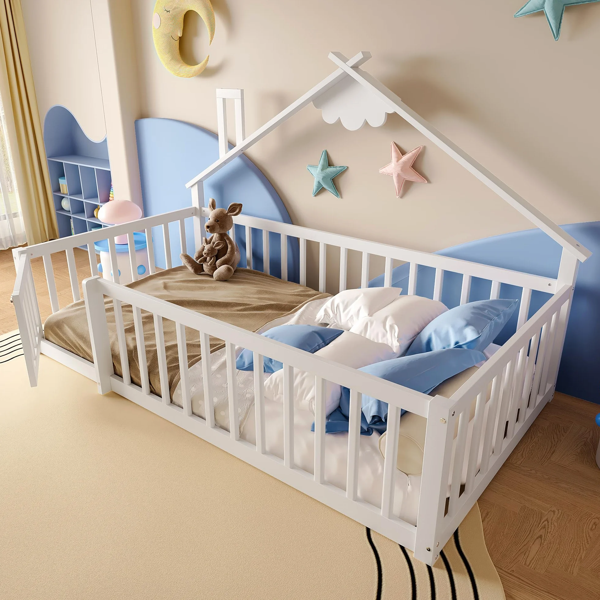 Cama de suelo de 90 x 190 cm con protección anticaída y puerta con cerradura, estructura de cama infantil, cama de madera de pino con somier, cama de madera, sin colchón