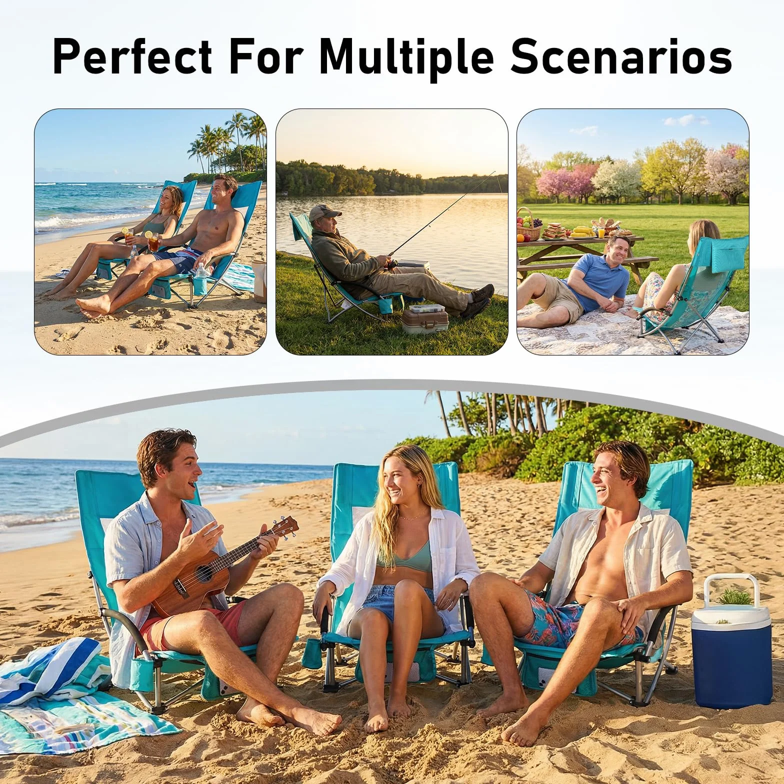 WildFun Silla de playa plegable baja, ligera y portátil, con respaldo alto, soporte para bebidas, soporta hasta 180 kg, para viajes, exteriores, barbacoas, pícnic, festivales (1 unidad, azul)