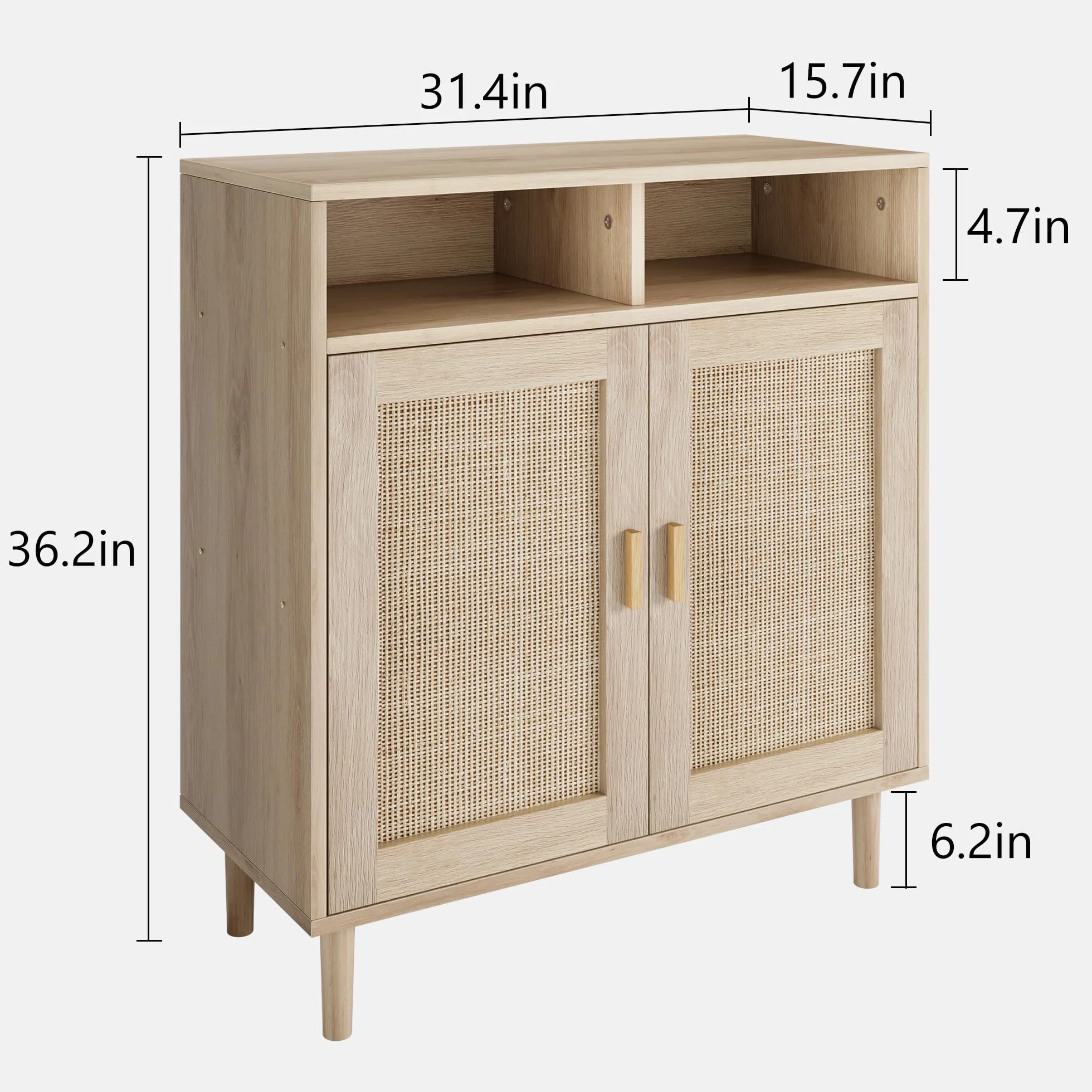 Aparador De Madera con Ratán - Armario De Almacenamiento para Salón con Puerta - Cuatro Compartimentos - para Salón, Dormitorio y Recibidor - Patas Altas - Fácil De Montar y Organizar