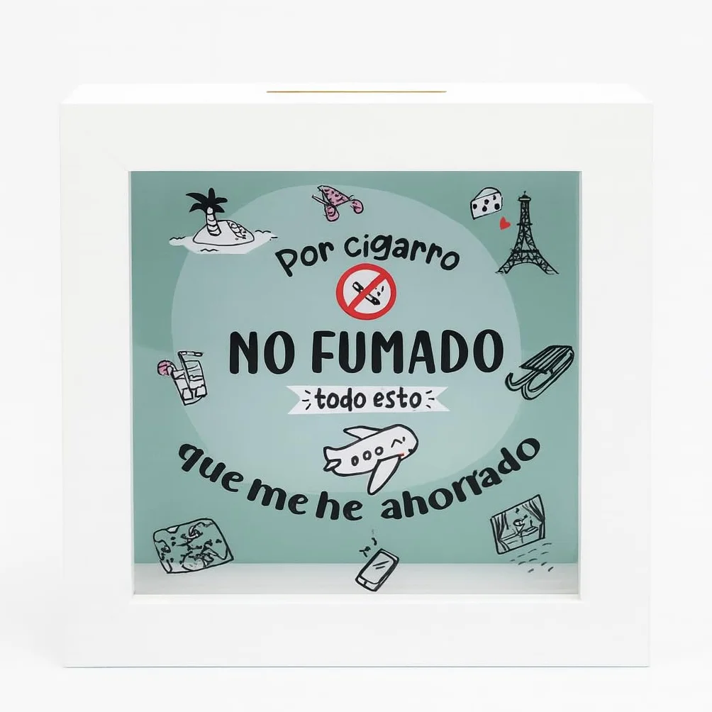 Hucha de Madera Blanca con Cristal, Hucha para Ex Fumadores con Mensaje Motivacional, Ahorro por Cigarrillo No Fumado 15x15x5cm