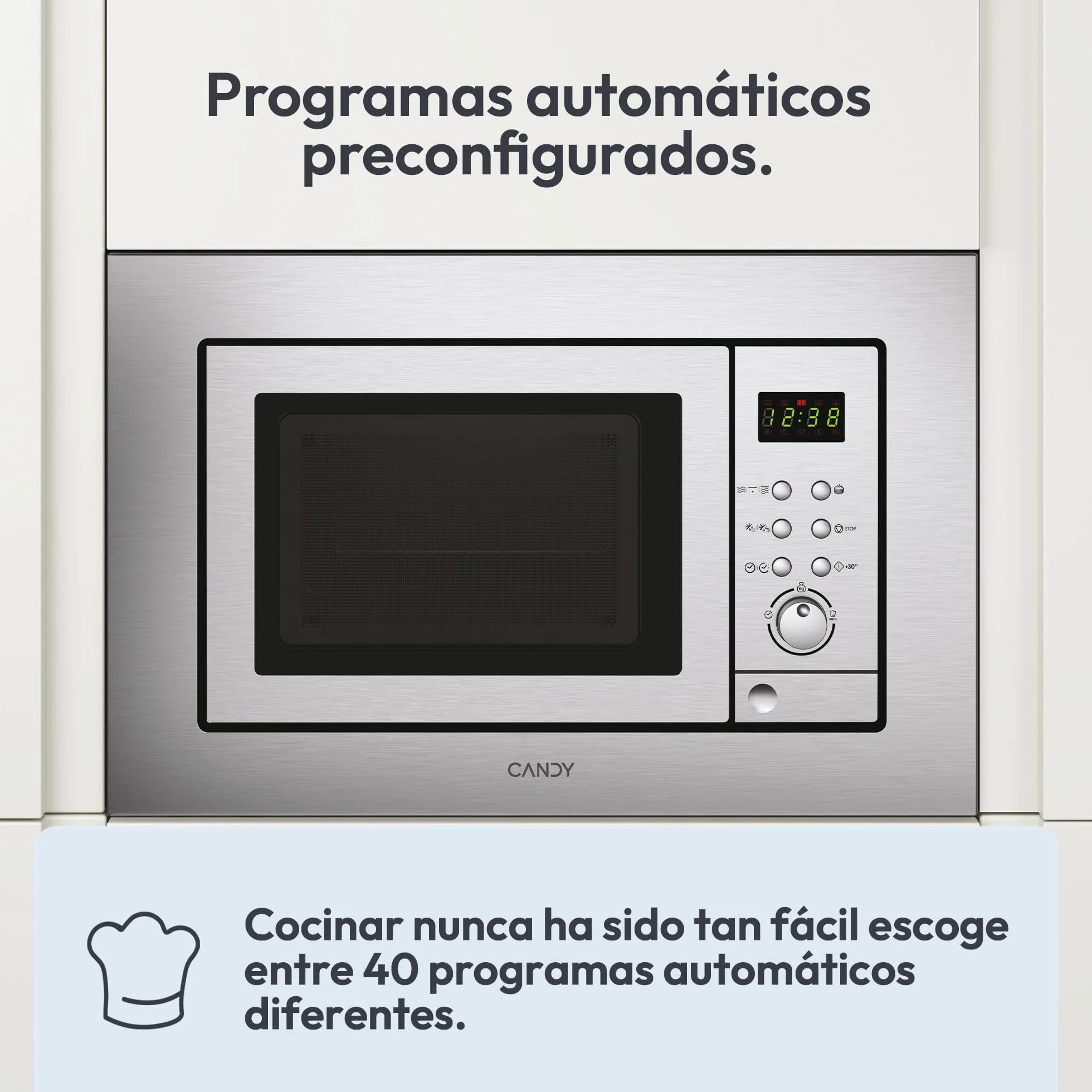 Candy MIC201EX, Microondas integrable con grill, 20L, Digital, Con marco, 8 programas automáticos, Plato giratorio 24,5cm, Descongelación tiempo y peso, 800W/1000W, Acero inoxidable antihuellas