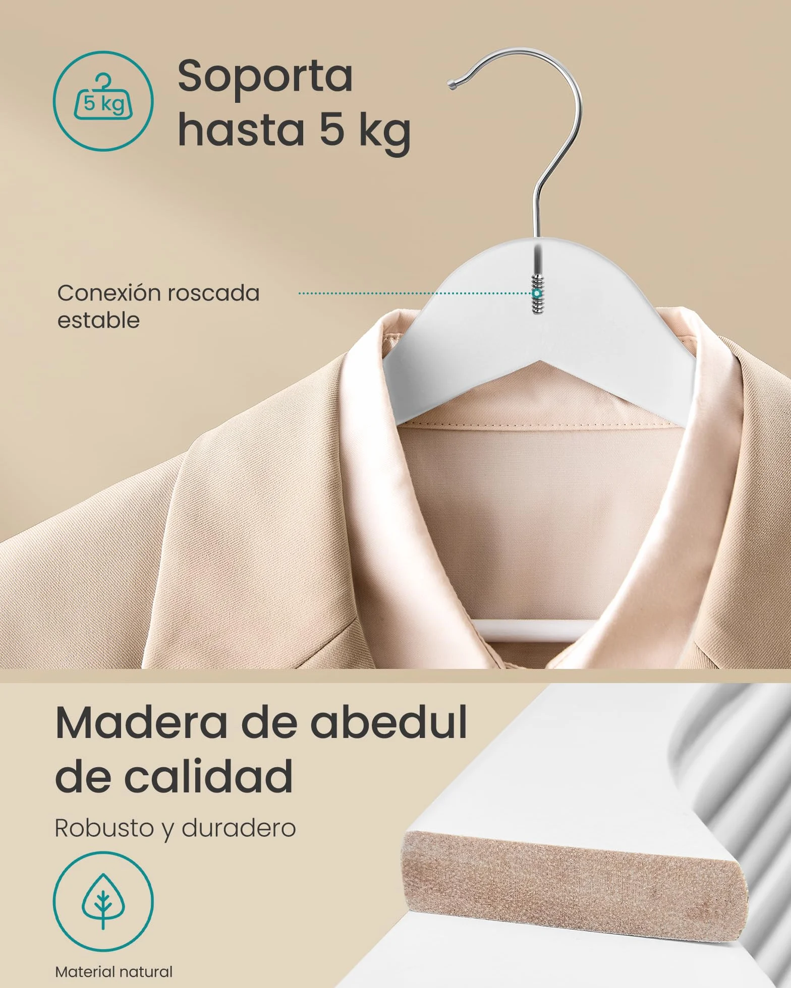 SONGMICS Percha de Madera Juego 20 Delgada Gancho Giratorio 360° Blanco Nube