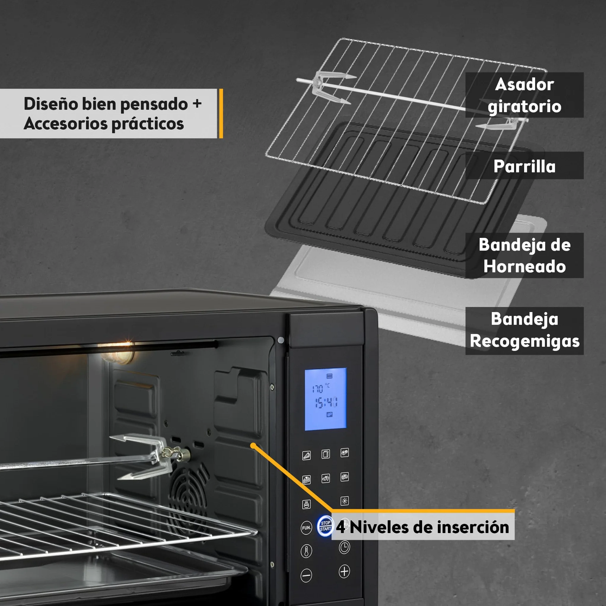 TZS First Austria Mini Horno 45L 2000W con Premium-X Coating – Minihorno Digital hasta 230°C & 4 Alturas – Temporizador de 180 Min & 8 Modos – Incl. Asador Giratorio – Para cocinas pequeñas & camping