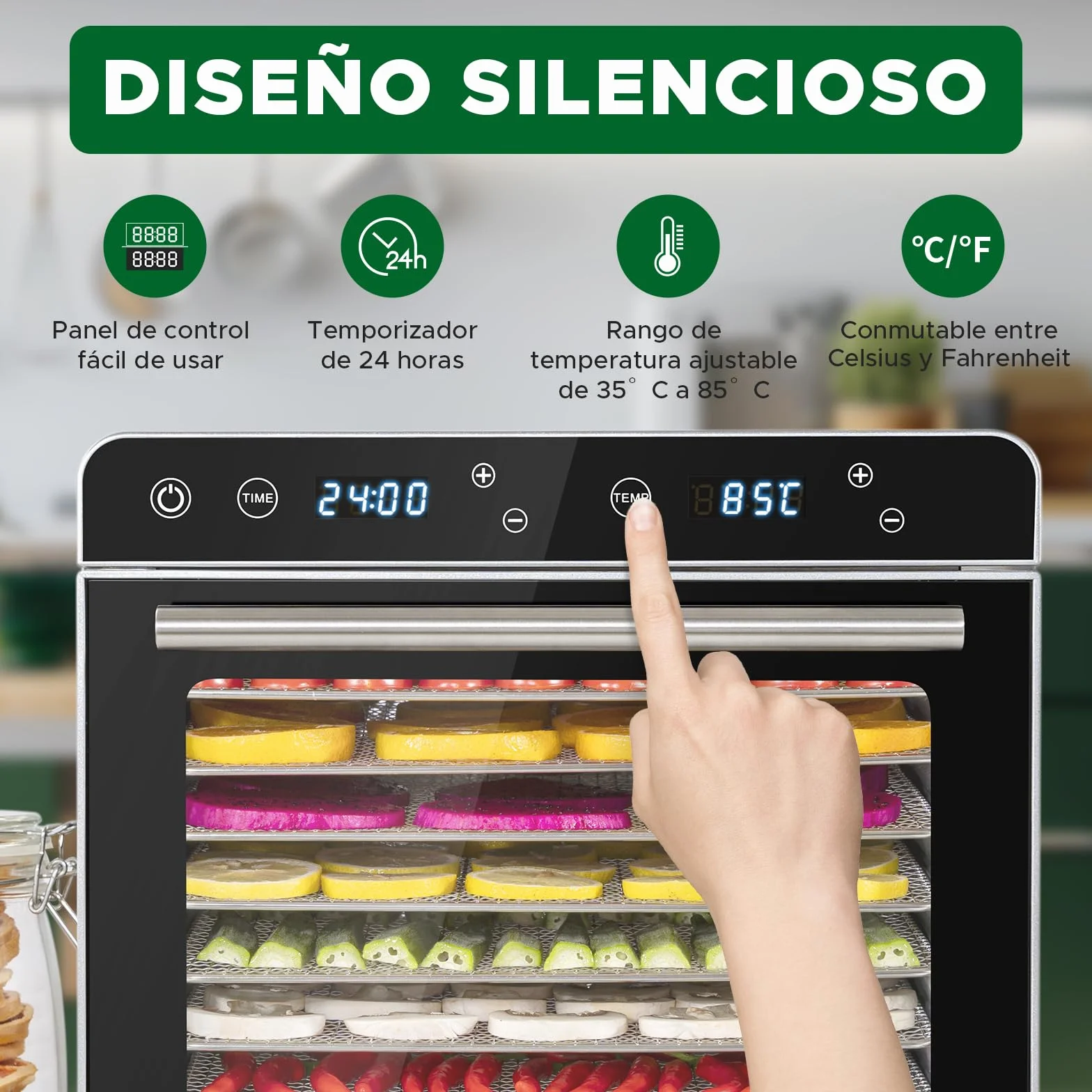 Kwasyo Deshidratador de Alimentos 8 Bandejas Acero Inoxidable 700W Temperatura 30-85℃ Temporizador 24h