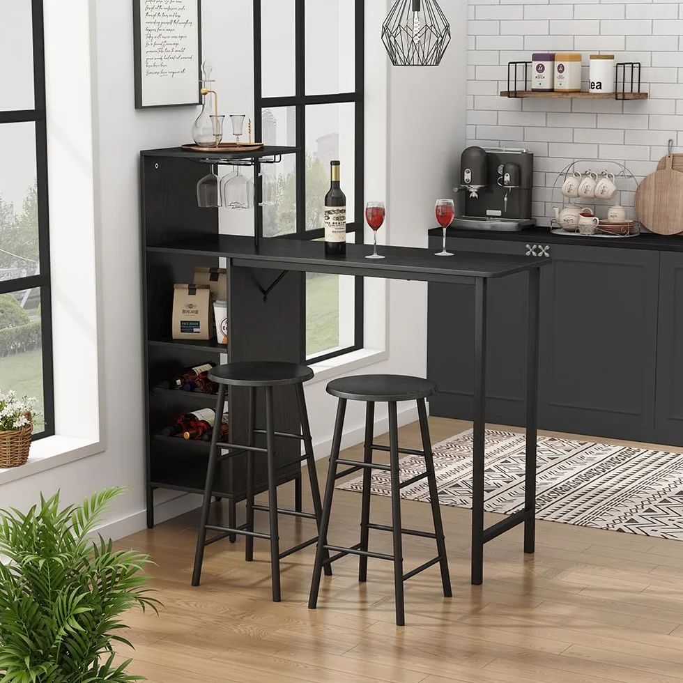 Vicco Juego de Mesa de Bar Naila, Negro, 121.5 x 40 cm con 2 taburetes, Apto como Comedor con Superficies de Almacenamiento para Guardar Objetos