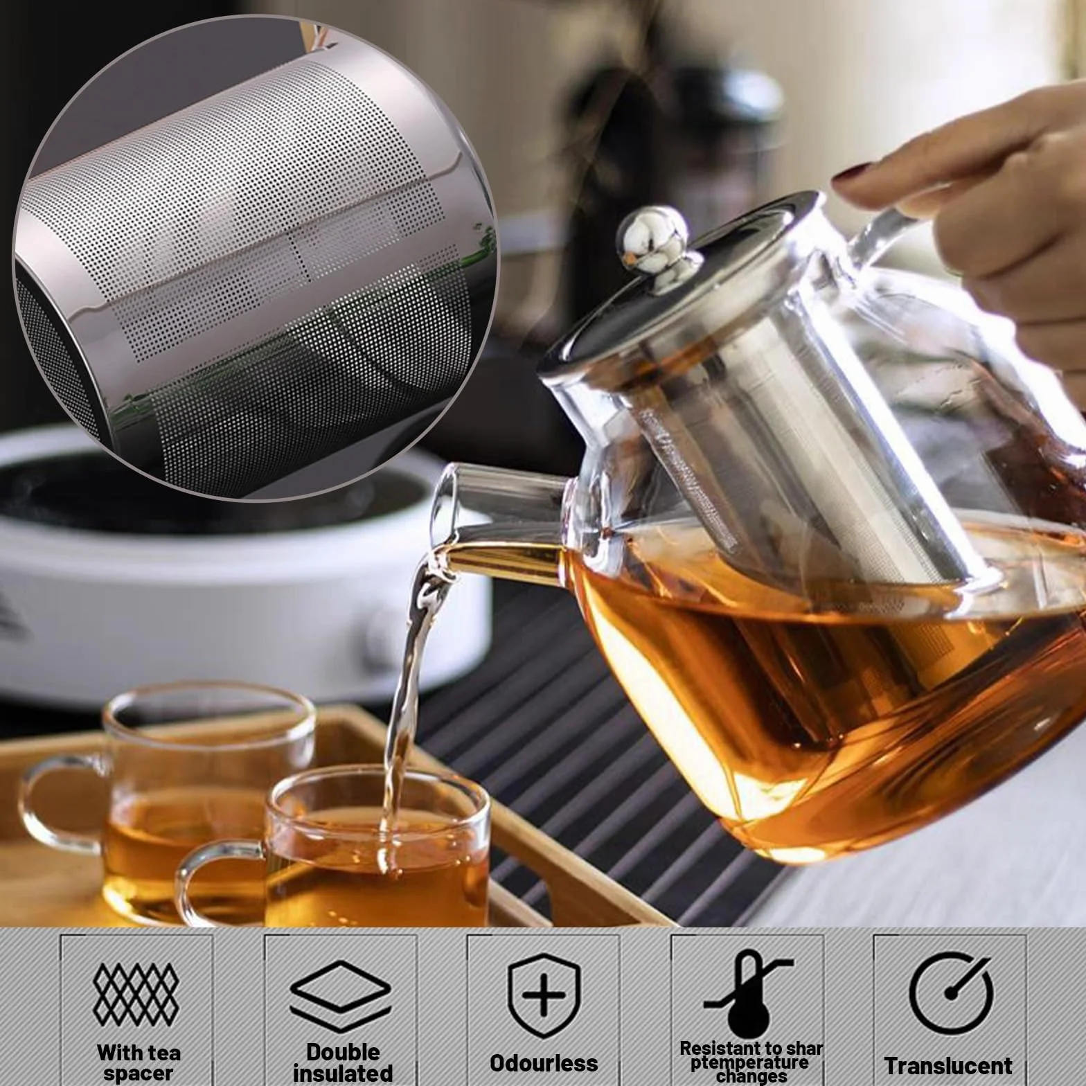 Tetera de 1000 ml, Tetera Cristal con Colador para Flores de Té Rosas de Té y Té a Granel así Como Bolsitas de Té