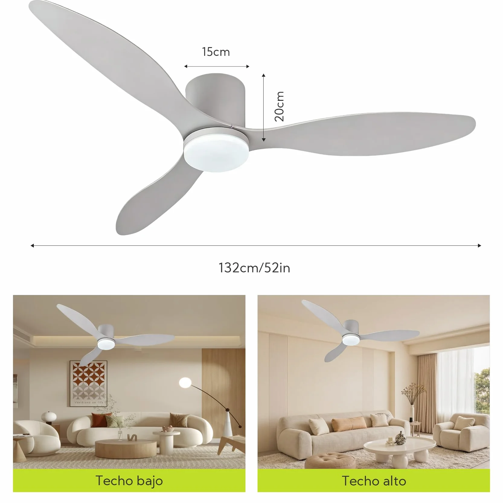 Ventilador de Techo Plástico con Luz 3 Aspas,Ø132cm 30W, LED con 3 Temperaturas de Color(3000K, 4000K, 6500K)| con Mando，6 Velocidades, Programable, Modo Verano/Invierno Blanco15㎡-20㎡