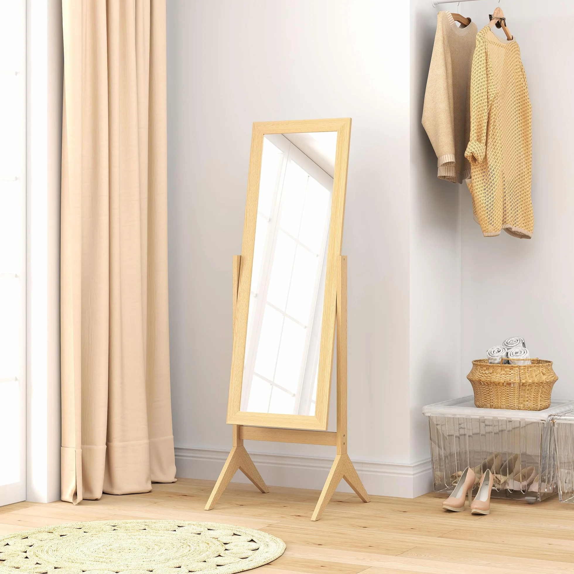 HOMCOM Espejo de Pie Cuerpo Entero Reclinable 47x46x148 cm, Espejo de Cuerpo Entero Independiente con Soporte y Marco Rectangular, para Dormitorio, Salón, Roble