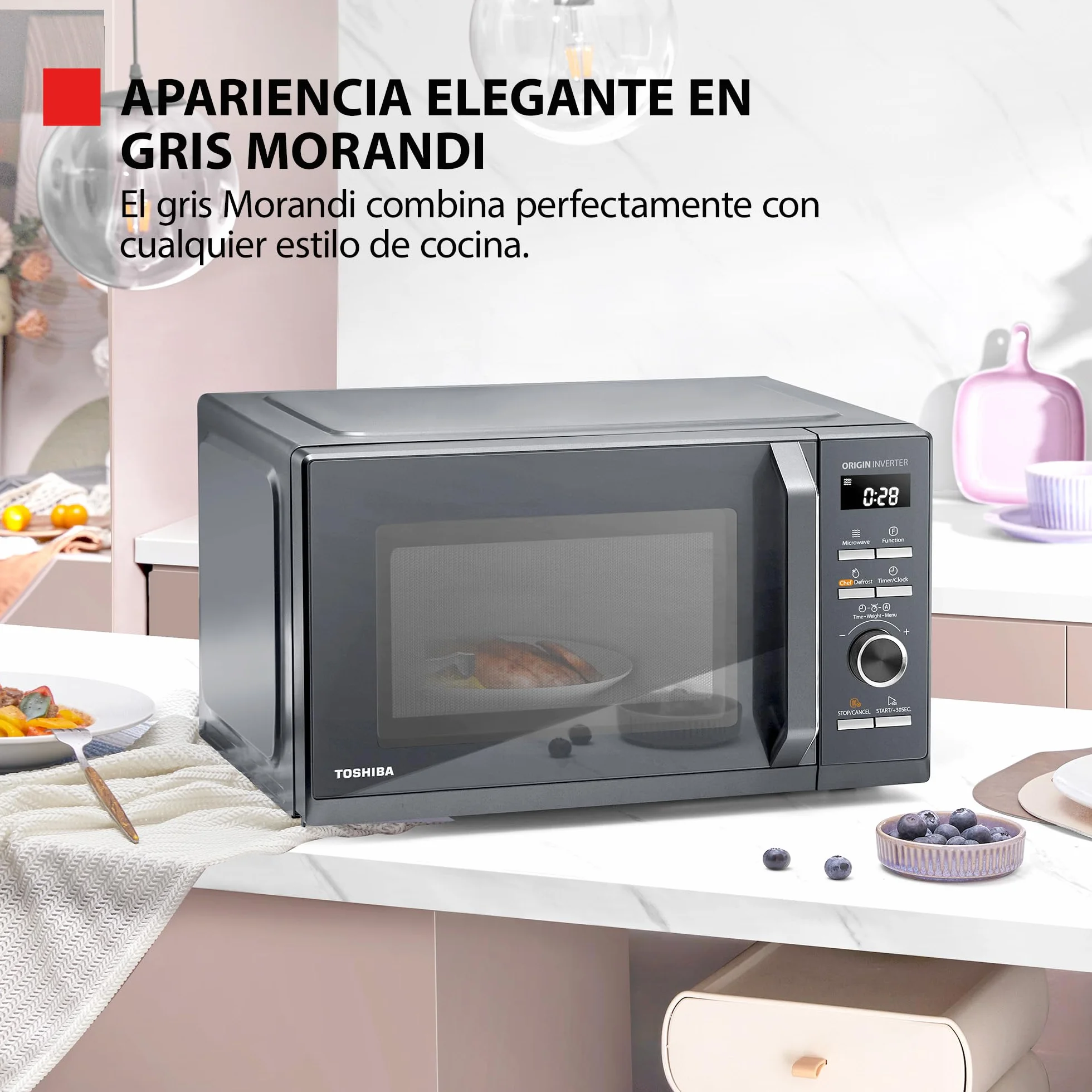 Toshiba MW3-AG25PFI(MG), Forno micro-ondas 25 L 3 em 1 900 W, Morandi cinzento brilhante, 6 programas, 10 níveis de potência, 7 menus automáticos, limpeza fácil