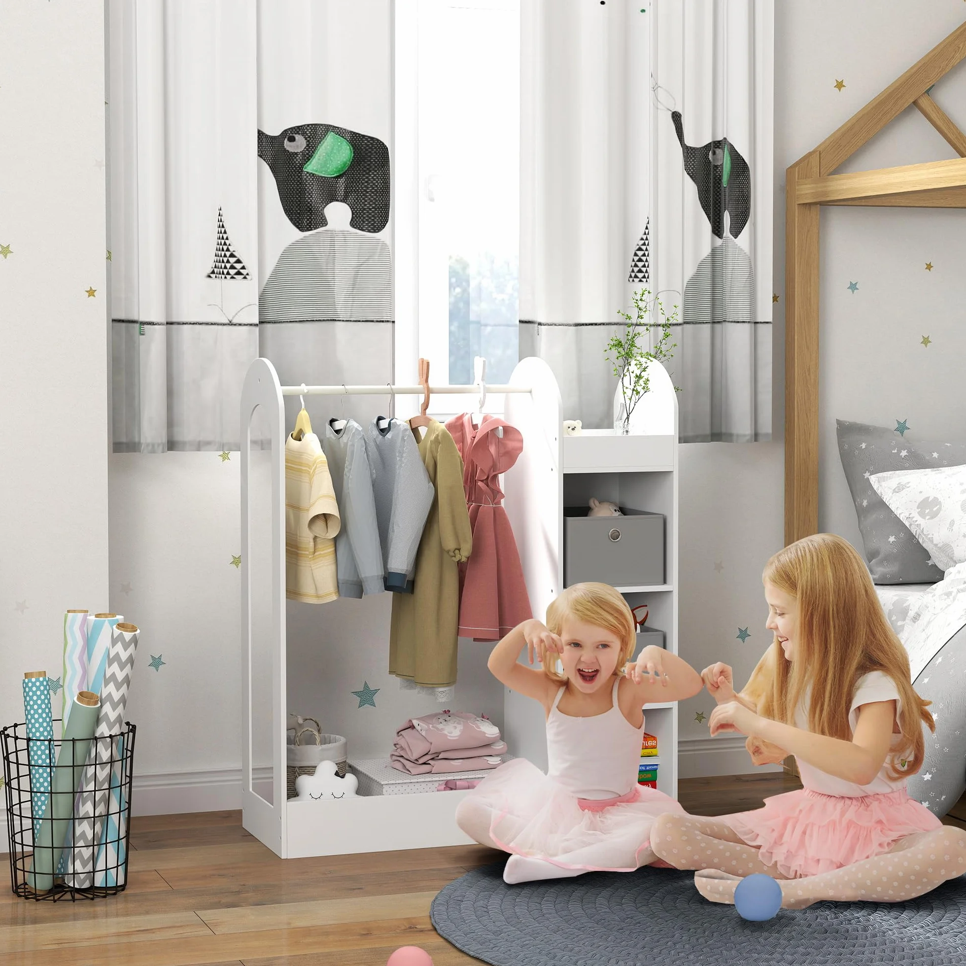 AIYAPLAY Perchero de ropa para niños con estante de almacenamiento, cajas y espejo, armario blanco