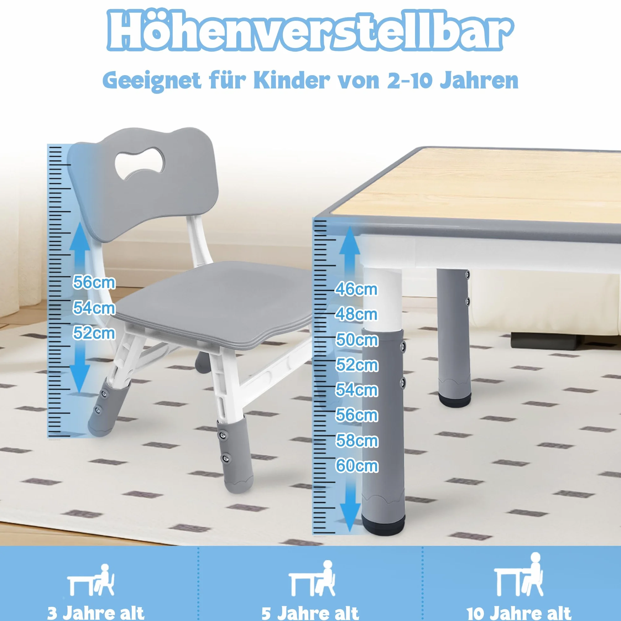UISEBRT Mesa infantil con 4 sillas, grupo de asientos para niños a partir de 2 años, juego de mesa de plástico para guarderías y habitaciones infantiles, color gris