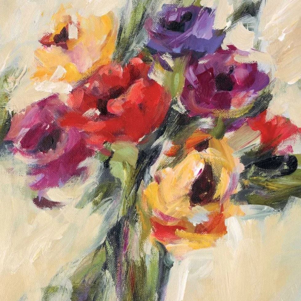 ART-CANVAS-estirado-en-BARRAS DE MADERA Rainbow Connection II King Miguel - Imagen cuadrada floral Flores Ramo de tallos coloridos Fine Art print 15_X_15_in