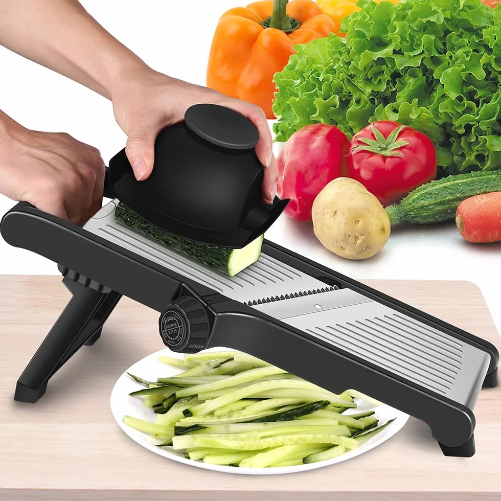 Mandolina de Cocina Profesional Cortador de Verdura - Mandolina Verduras con Guantes de Seguridad, Ajustable en Acero Inoxidable, Hacer Rodajas Gruesas de 1 a 9 mm, Cortador de Verduras Manual