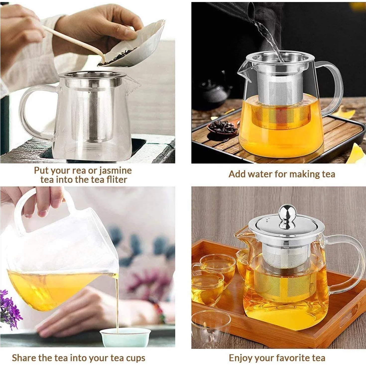Tetera de Cristal con Colador 950 ml, Vidrio de Borosilicato, Apta para Lavavajillas