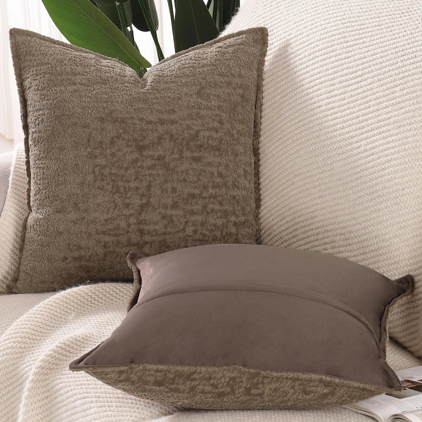 Madizz Juego de 2 Fundas de Cojín de Chenilla Suave con Borde Neutras Taupe 45x45 cm