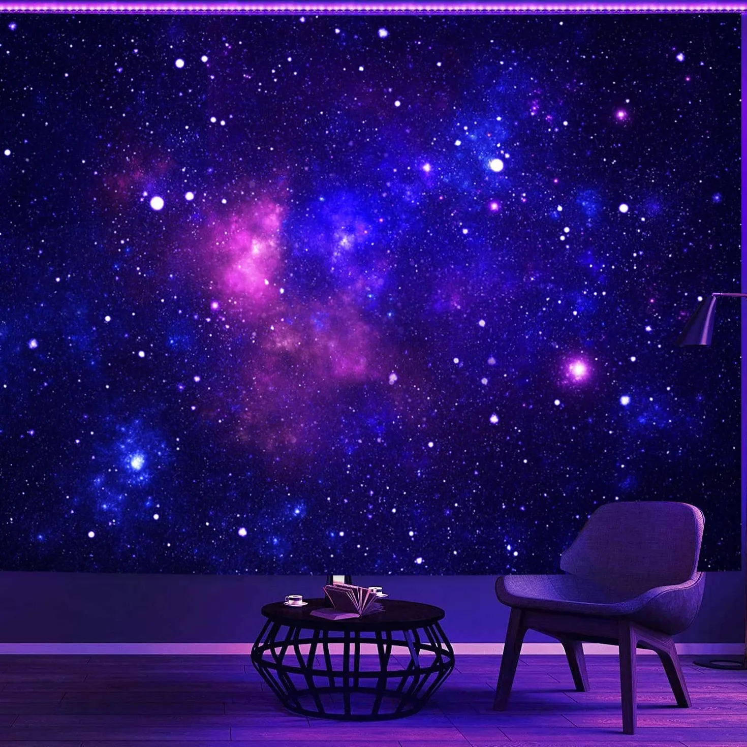 Tapiz Galáctico con Luz Negra Espacio Azul Cielo Estrellado Nocturno Colgante UV Reactivo Brillante Oscuridad 180 x 230cm