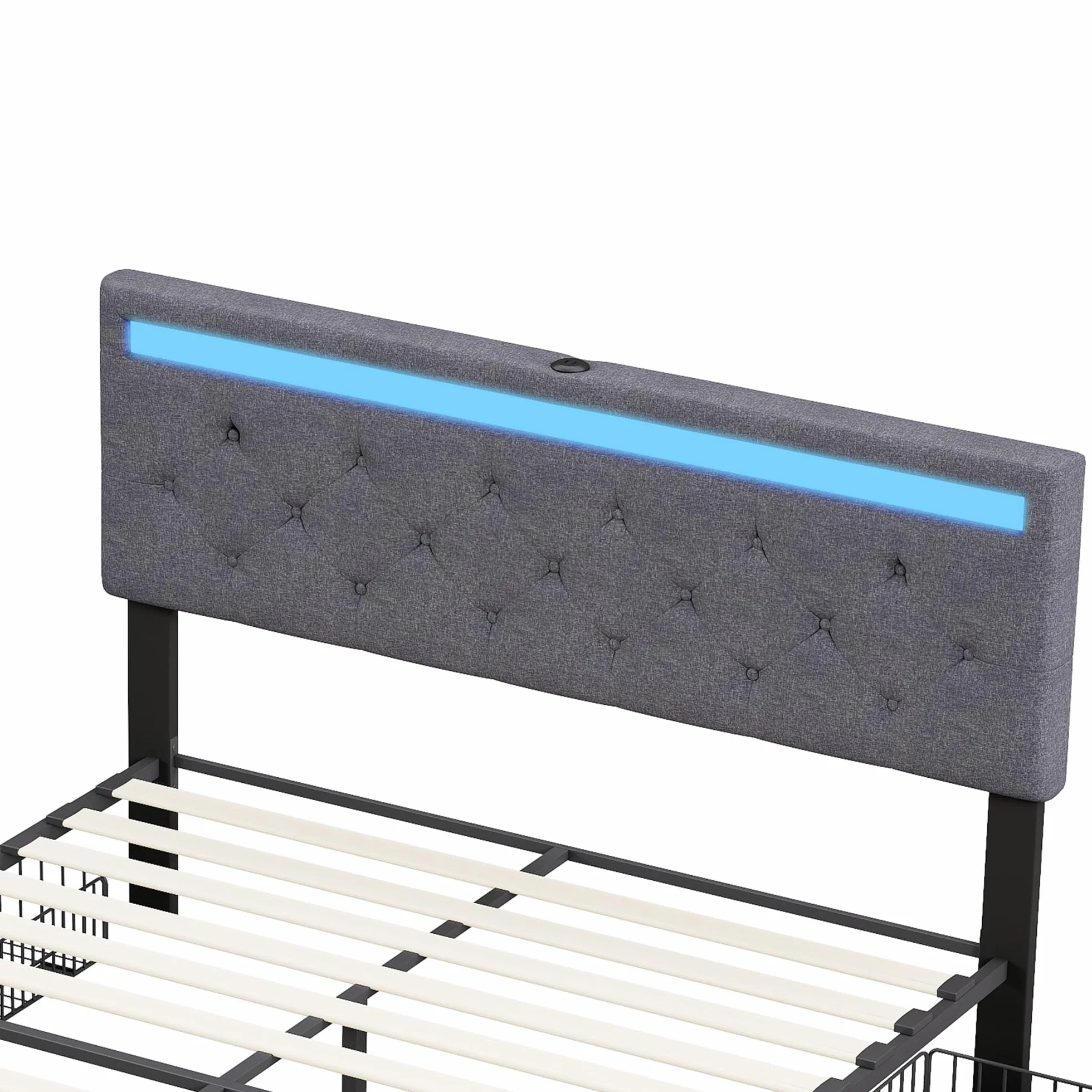 KeepGoon Cama Doble de 180 x 200 cm, Cama Acolchada con 4 cajones de Hierro, Largo Puerto USB y Barra para lámpara de Noche, Cama de Almacenamiento, con somier, Tela de Lino, cabecero Ajustable