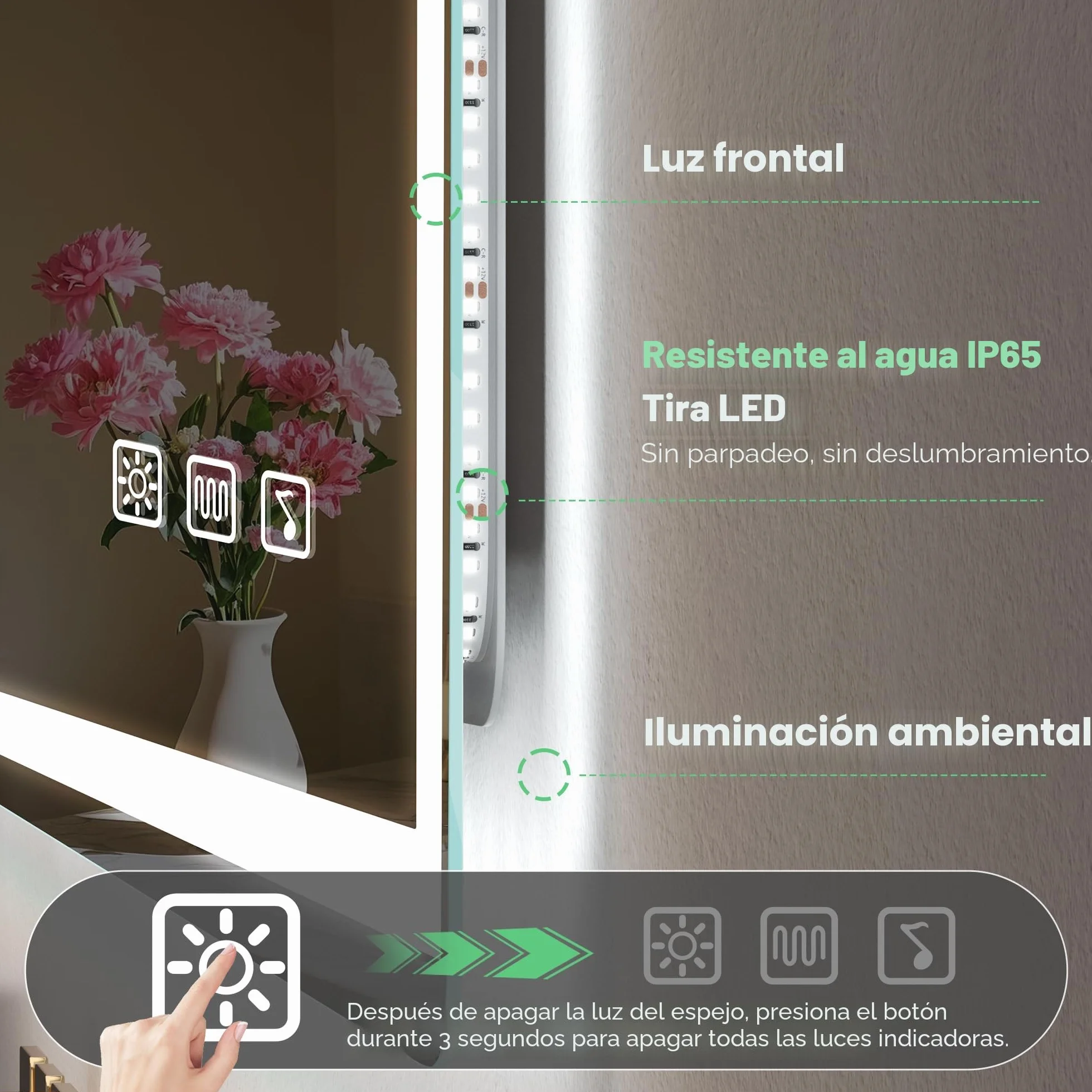 S'bagno Espejo Baño LED Bluetooth 100x70cm IP44 Antivaho Regulable 3000K/4000K/6500K