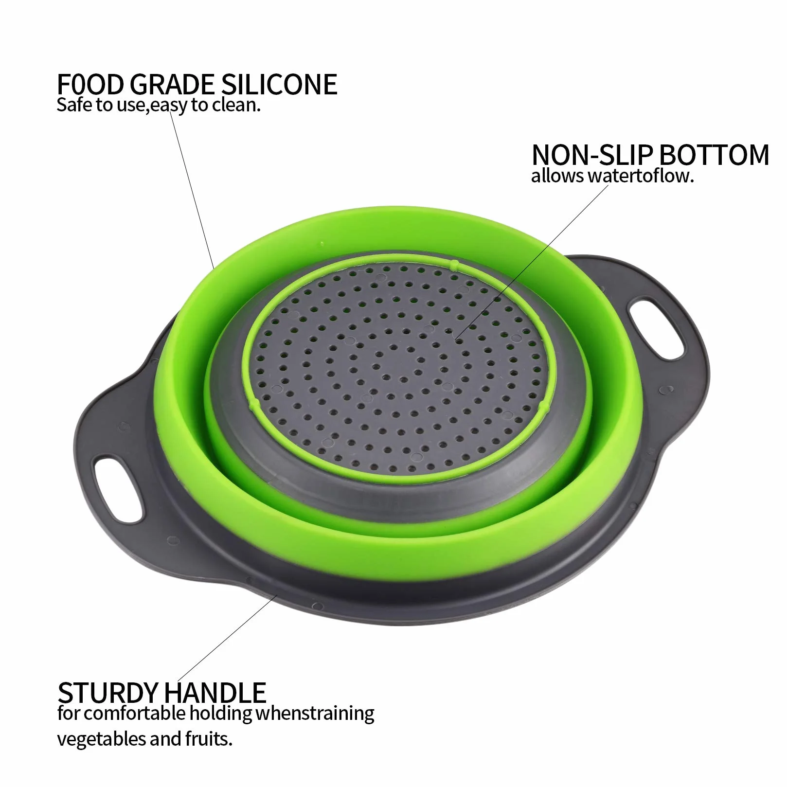 Colador Plegable Silicona con Asa, Cesta de Drenaje para Frutas y Verduras, Colador de Cocina - Verde, 2 Piezas