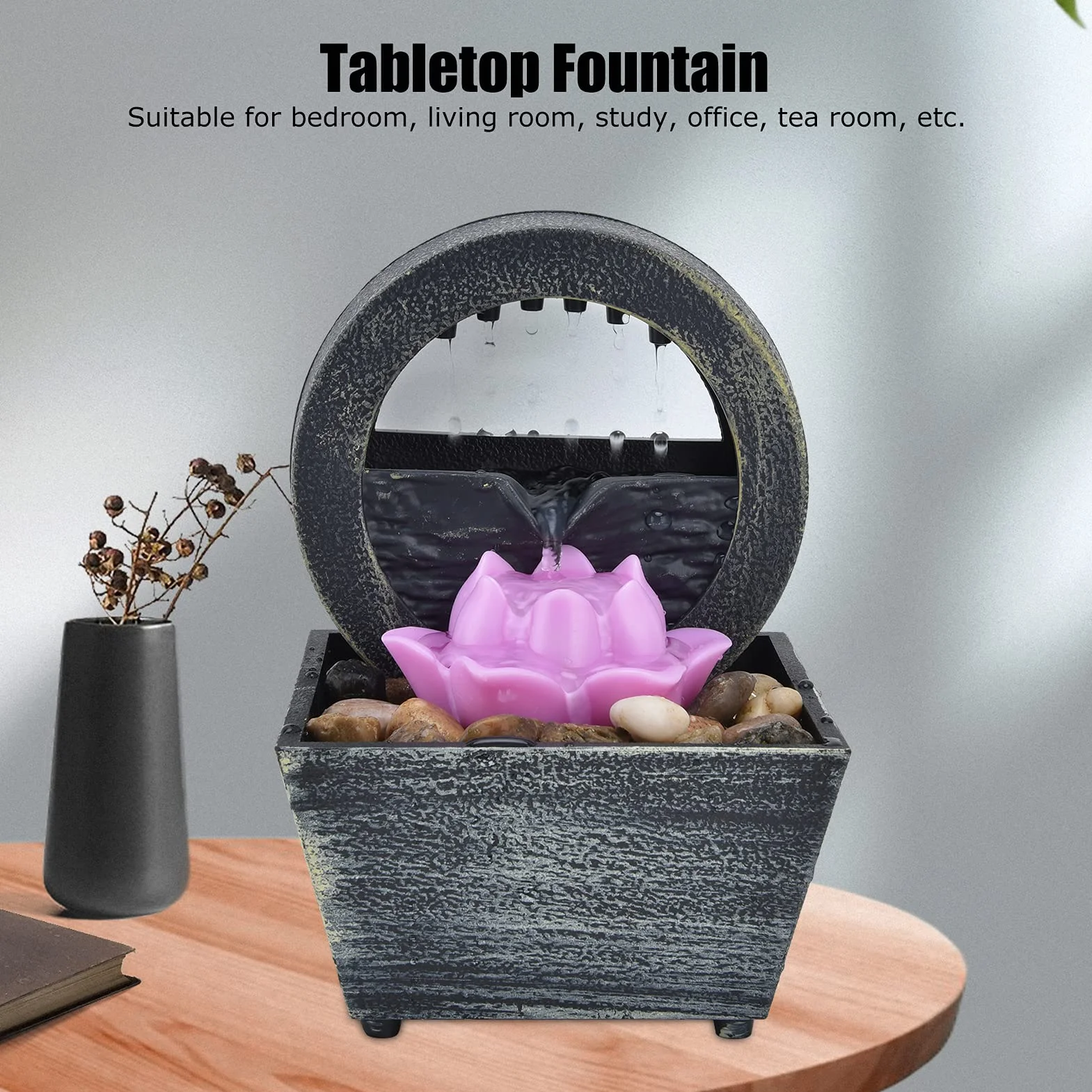 Fuente de Interior, Fuente de Agua LED con Flores de Plástico, Fuente de Mesa con Piedras para Decoración de Mesa en Casa, Oficina, Dormitorio, Sala de Estar