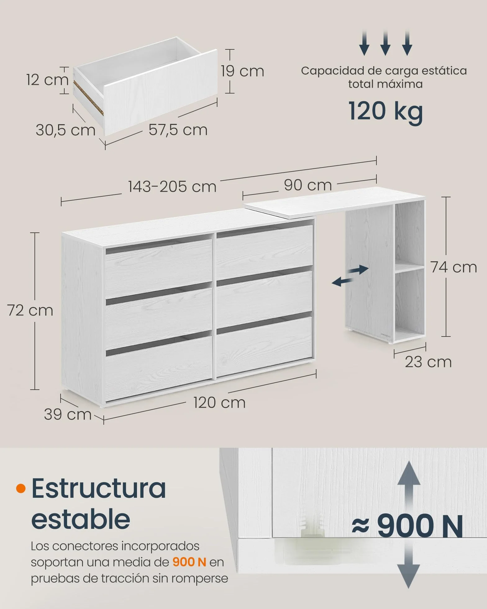SONGMICS HOME Cómoda de Dormitorio, Mueble Cajonera con 6 Cajones, Tablero de Partículas, 153 x 39 x 73,9 cm, Aparador Auxiliar para Escritorio, Blanco, Colección Kadin LTS656W01