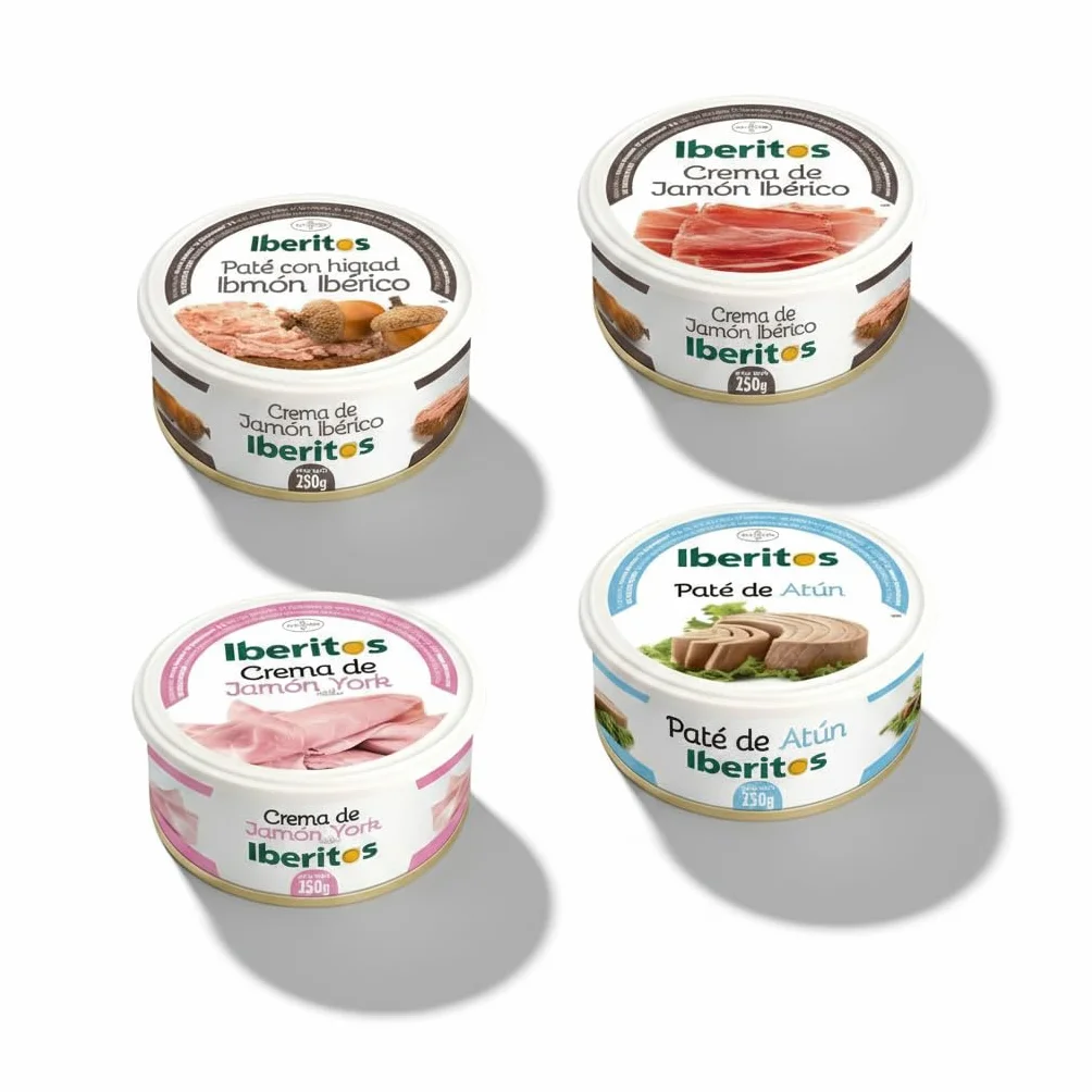 Iberitos Pack Variado 4 Tarrinas 250g Paté de Hígado Ibérico Crema Jamón Ibérico Jamón York Atún Lote Familiar 1kg