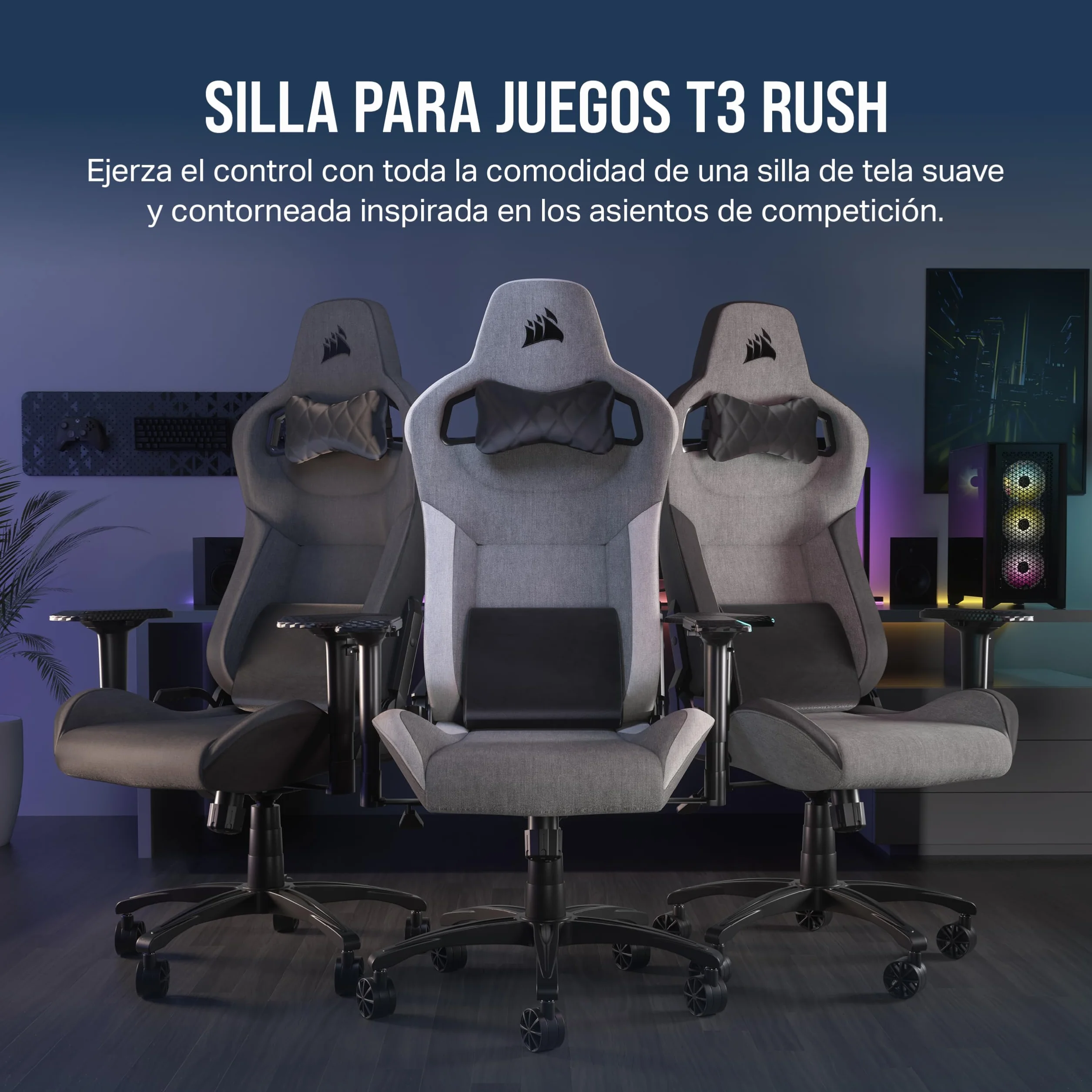 Corsair T3 Rush Fabric Silla para Juegos Carbón 2023 Almohada Cervical Soporte Lumbar Espuma Viscoelástica