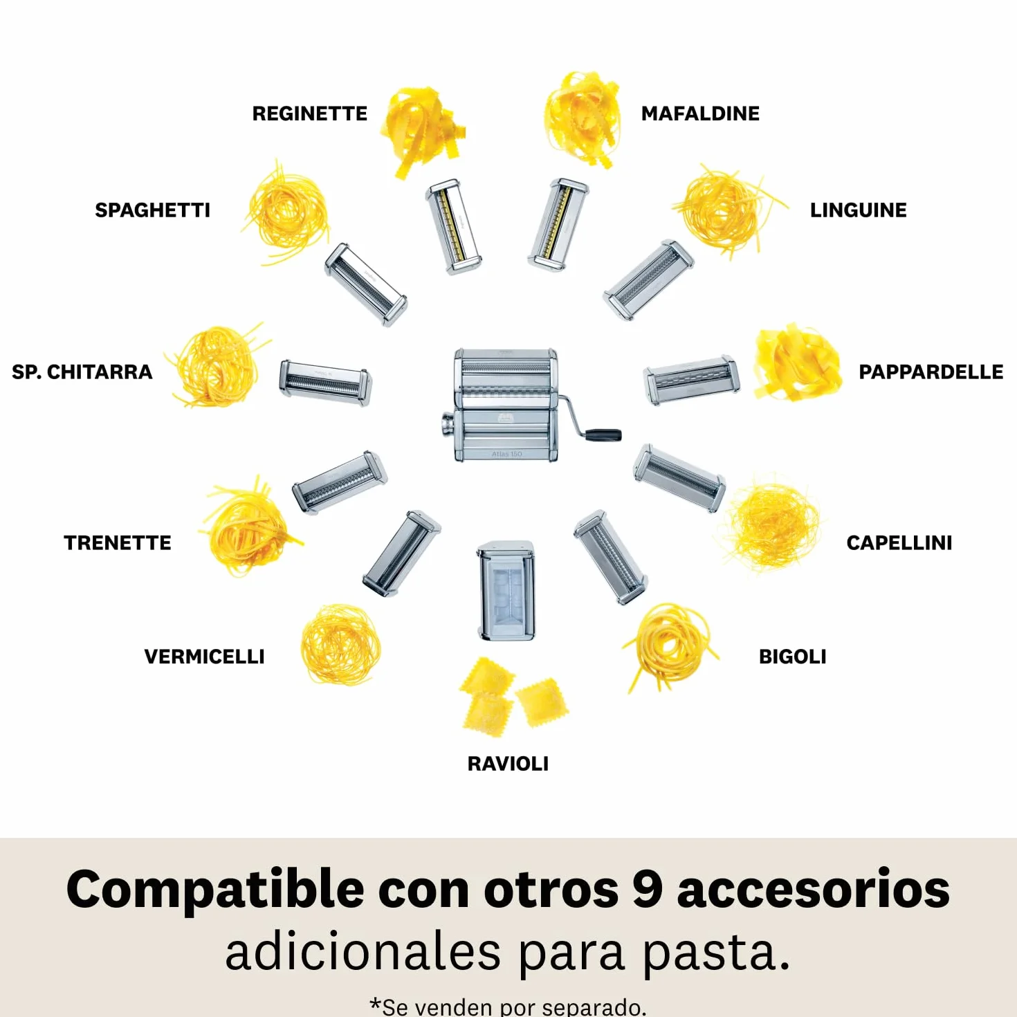 PastaSet, Máquina para pasta manual con accesorios incluidos para Raviolis y Espaguetis