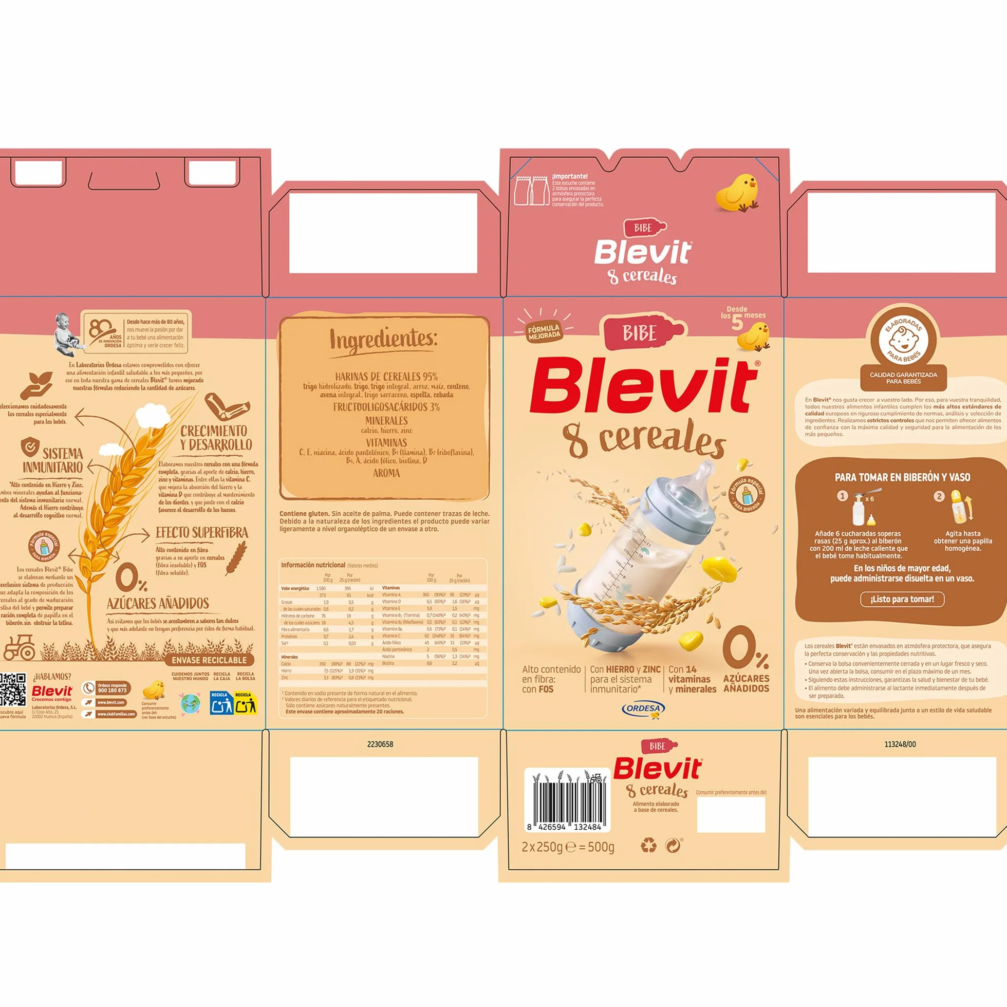 Blevit Bibe 8 Cereales 500g Papilla para Bebé 5 Meses 95% Cereales 14 Vitaminas y Minerales