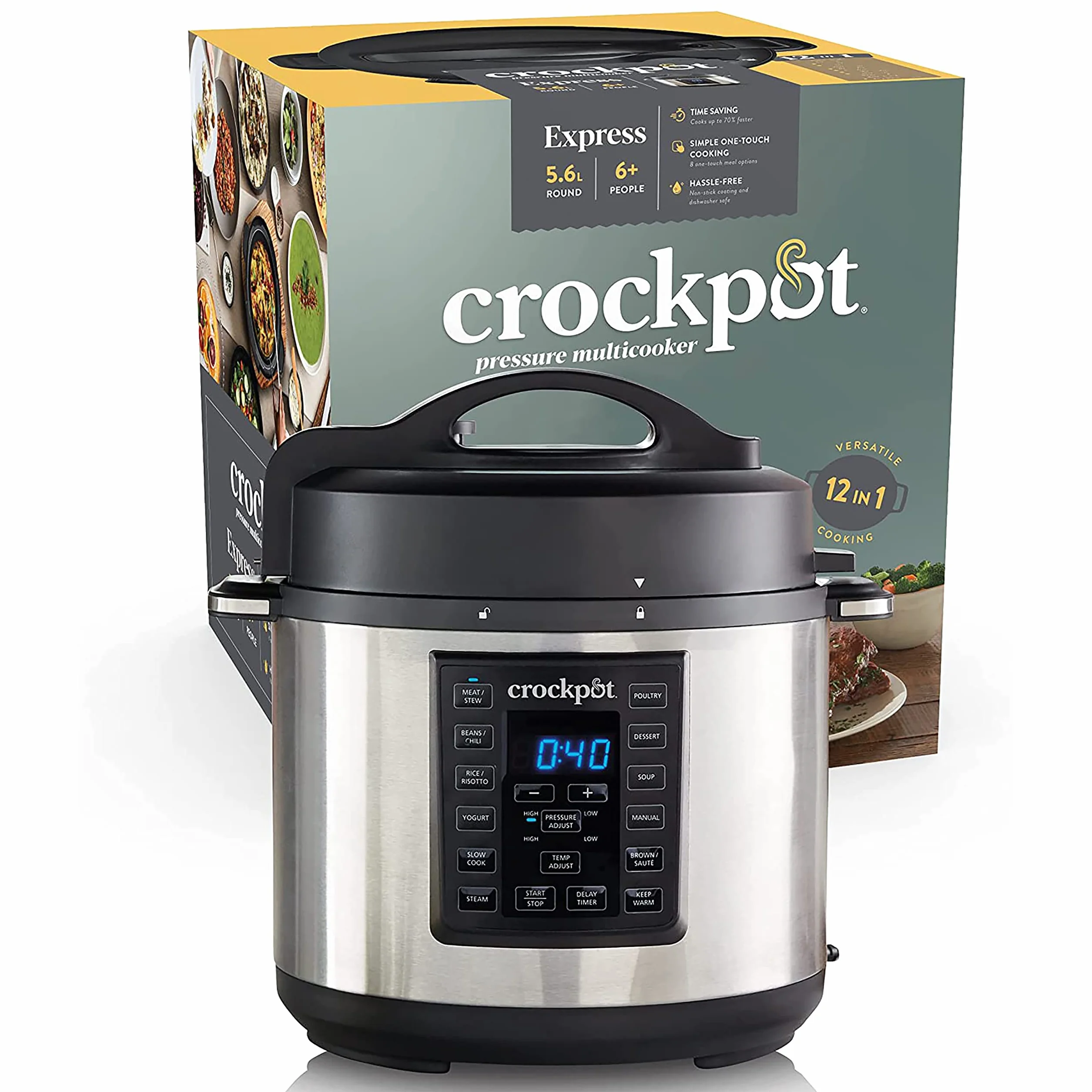 Crock-Pot Express Pressure Cooker | 12-in-1 Programmable Multi-Cooker | Slow Cooker | Food Steamer and Saute | 5.6 L | Energy Efficient | Stainless Steel [CSC051]