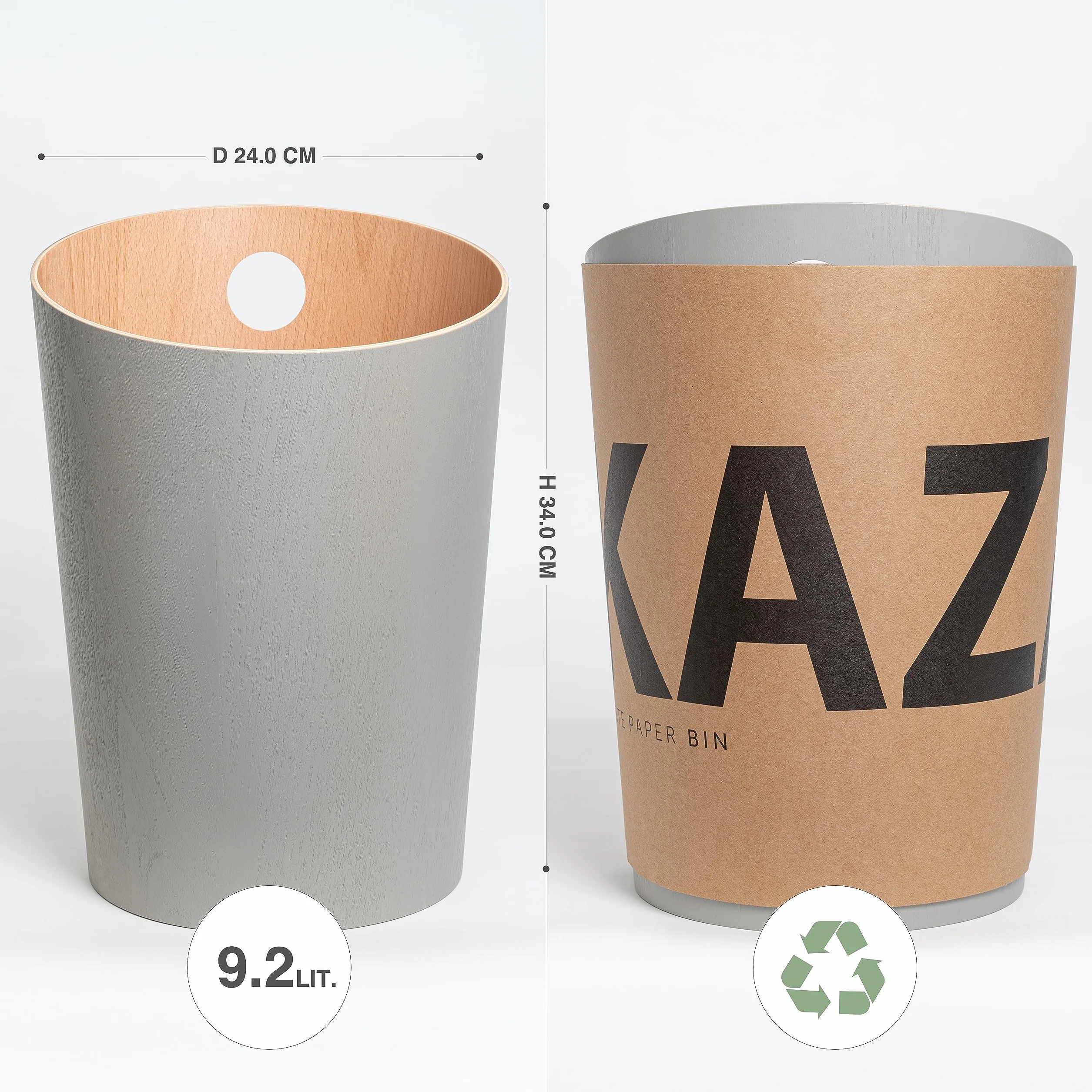 Kazai. Papelera de Diseño 'Bennet' | Cubo Basura Única para Oficina, Dormitorio, Habitación Infantil y Más | Papelera Hecha de Chapa de Madera Real | Gris (claro)