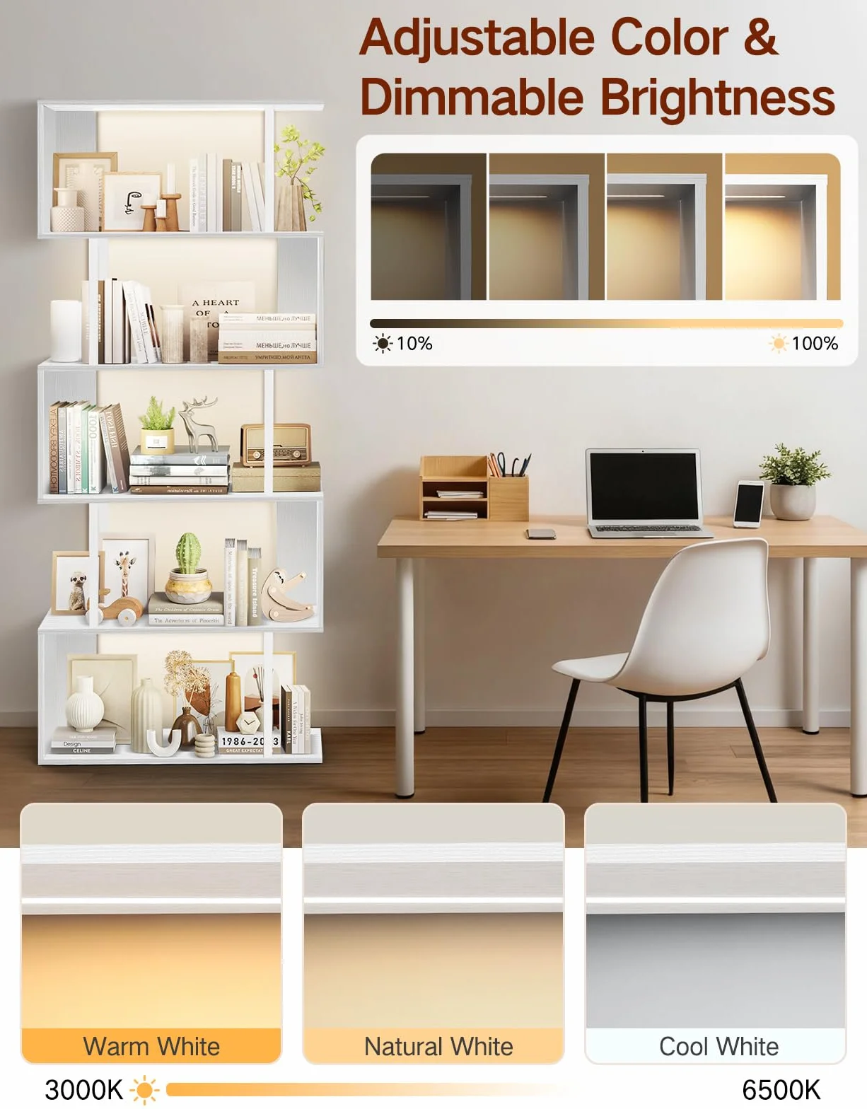 Librería con Forma de S con Luz, 5 Niveles, Control Táctil y Mando a Distancia, Estantería Expositora Autoportante de Estilo Industrial para Salón, Dormitorio y Oficina (70 × 24 × 157 cm)