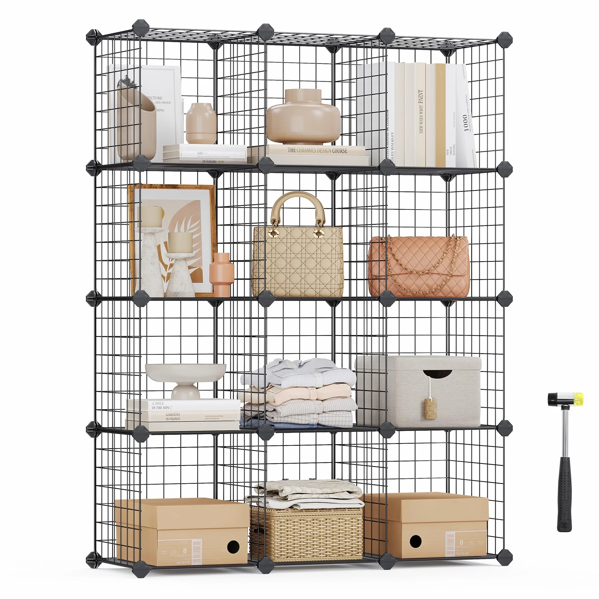 SONGMICS Estantería Modular de 12 Cubos, Armario de Almacenamiento de Alambre de Metal, 31 x 93 x 123 cm, Negro