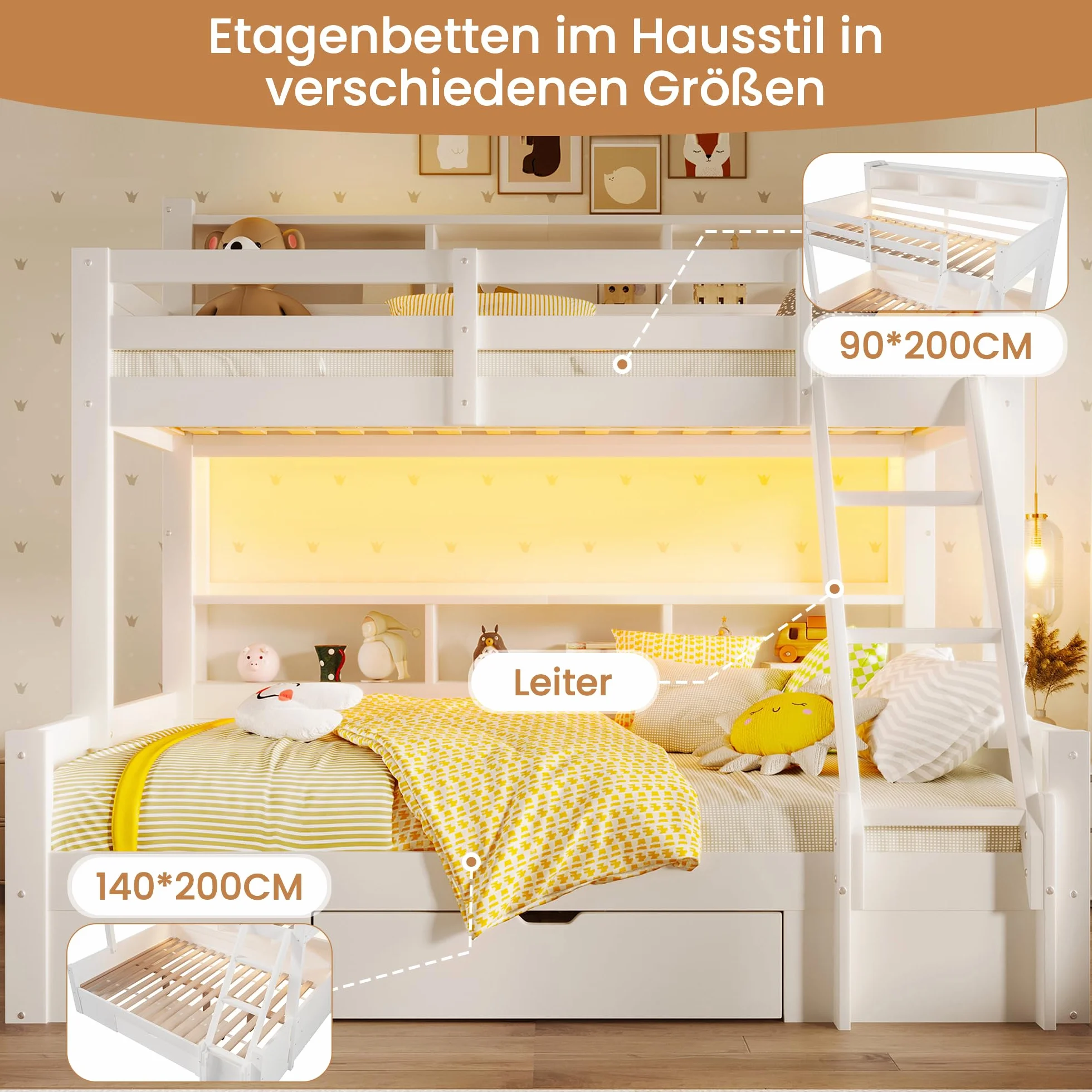 Litera de 90(140) x200 cm con Luz LED y Compartimentos Abiertos, Cama Litera Matrimonio con Cajón y Escalera, Cama Infantil Literas Infantiles con Barandilla Anticaída, Sin Colchón, Blanco